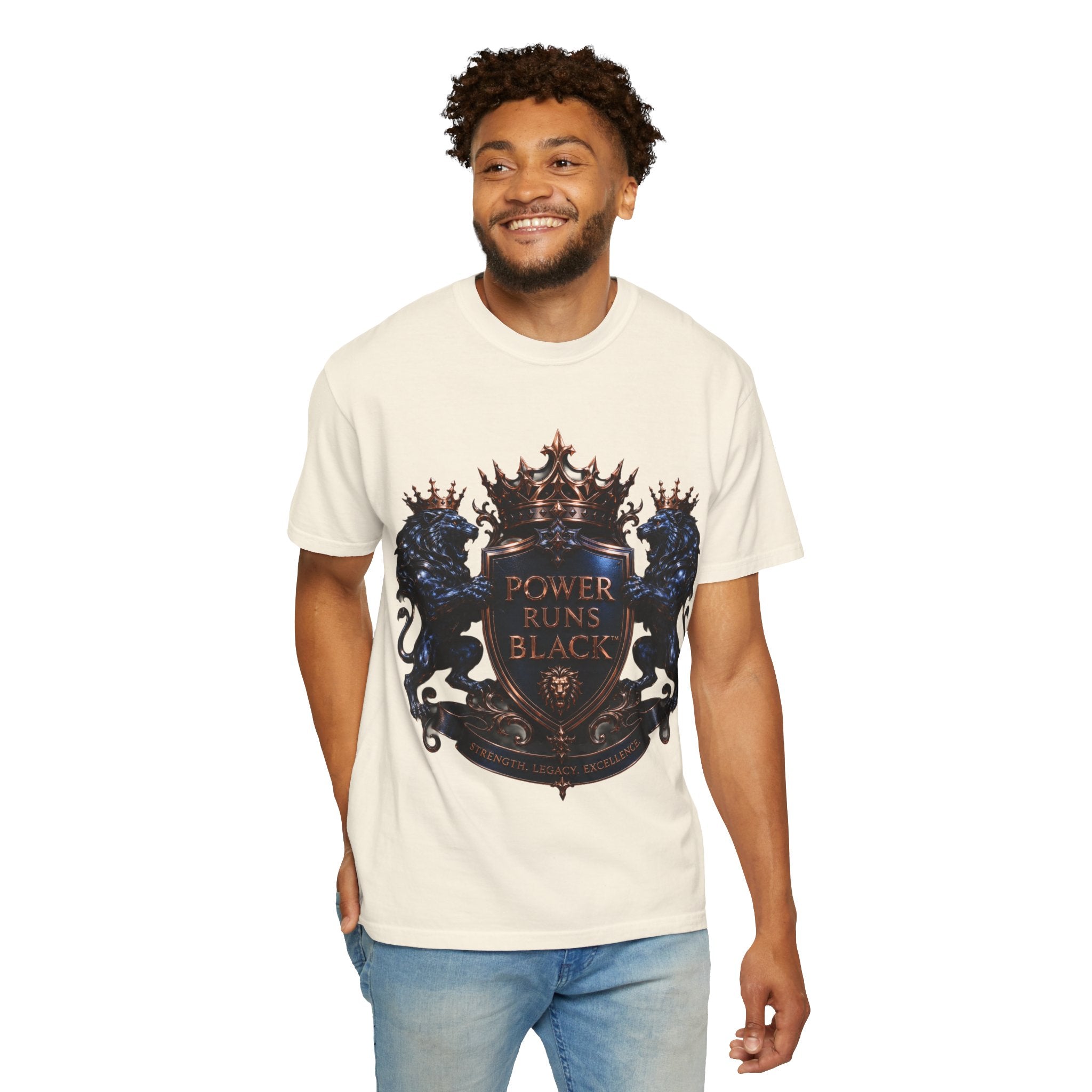 Power Runs Black Crest T-shirt | Heraldic Lion Shield Tee by Power Runs Black