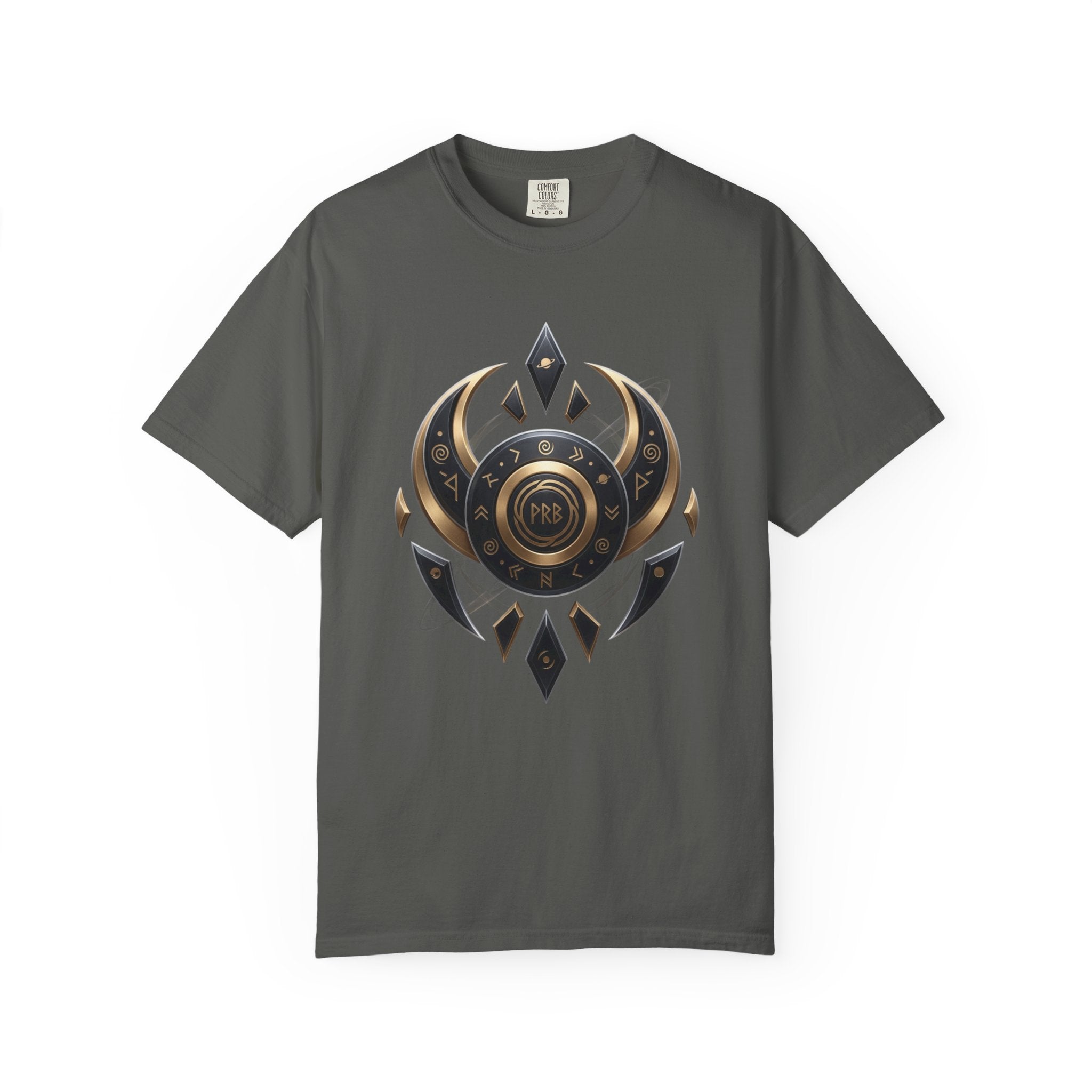 Power Runs Black Mystic Compass Disc T-Shirt — Geometric Gold & Black Emblem Tee by Printify