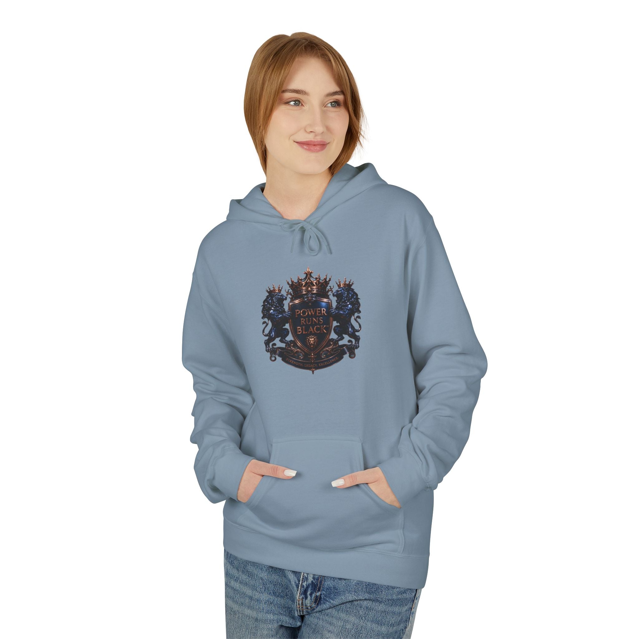 Power Runs Black crest hoodie | medieval shield with lions and wings by Power Runs Black