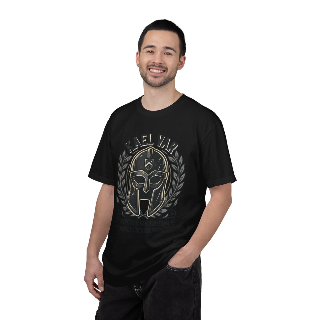 Power Runs Black PRB Kael Var Helmet Graphic T-Shirt — "Protection Hardens Form" Warrior Tee by Printify