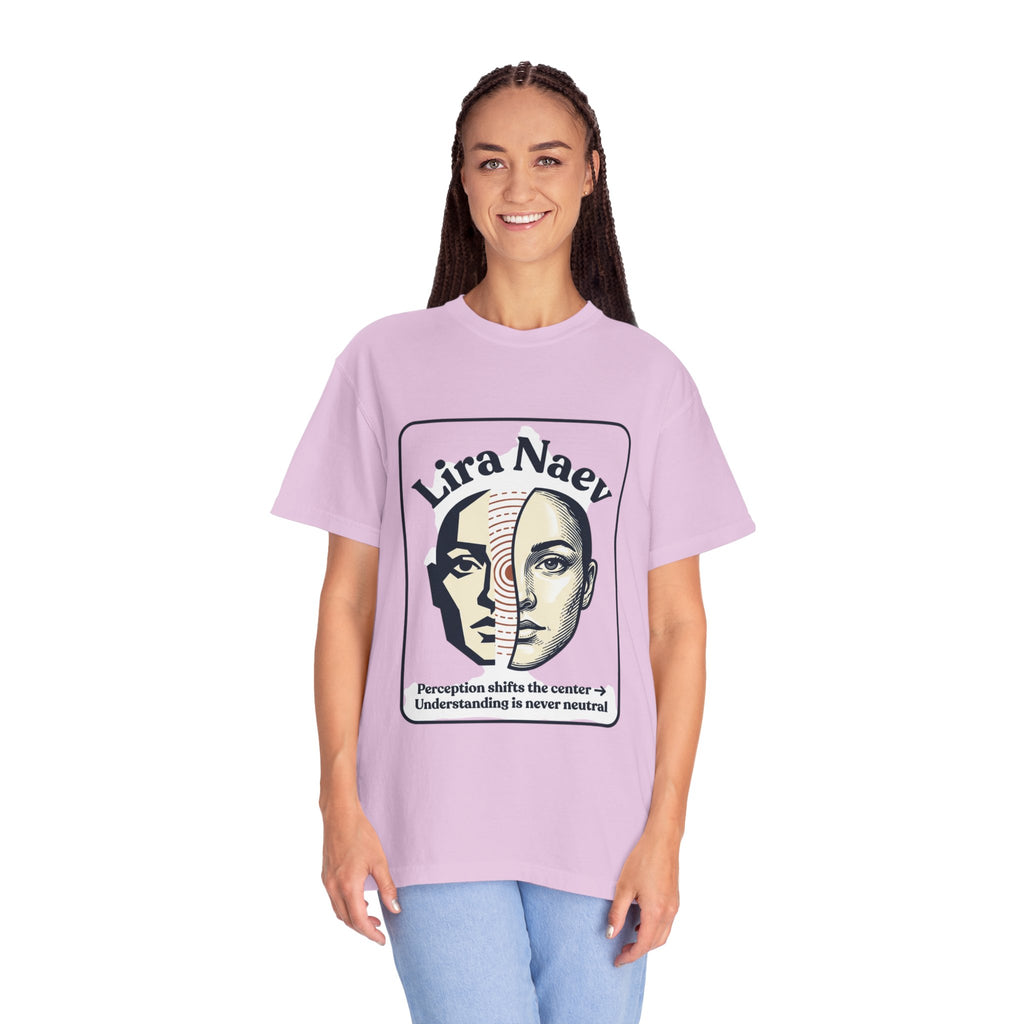 Power Runs Black PRB Lira Naev Split-Face Graphic T-Shirt — “Perception shifts the center” Statement Tee by Printify