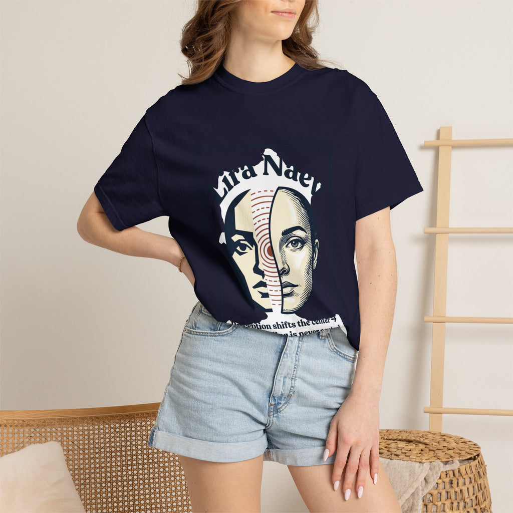 Power Runs Black PRB Lira Naev Split-Face Graphic T-Shirt — “Perception shifts the center” Statement Tee by Printify