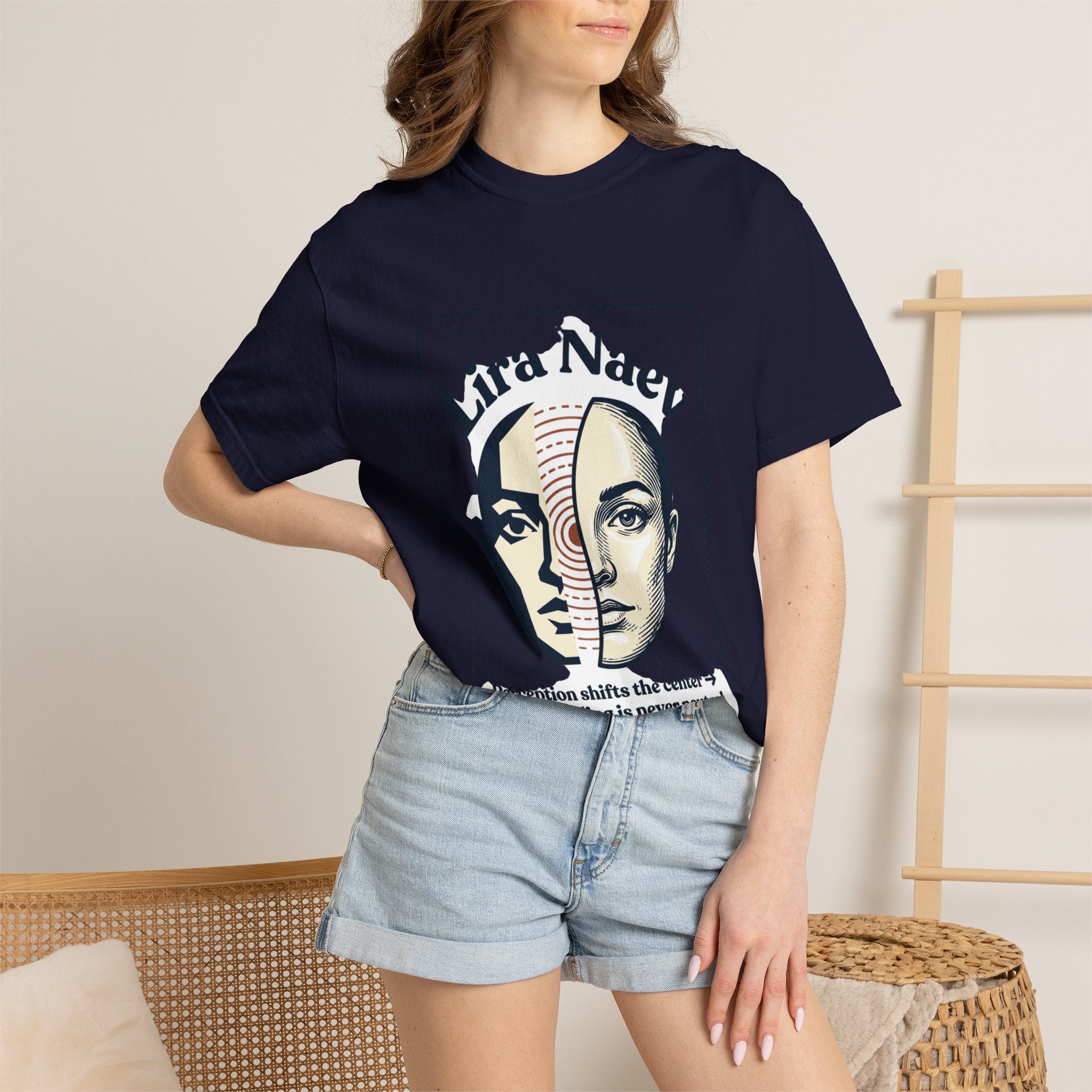 Power Runs Black PRB Lira Naev Split-Face Graphic T-Shirt — “Perception shifts the center” Statement Tee by Printify