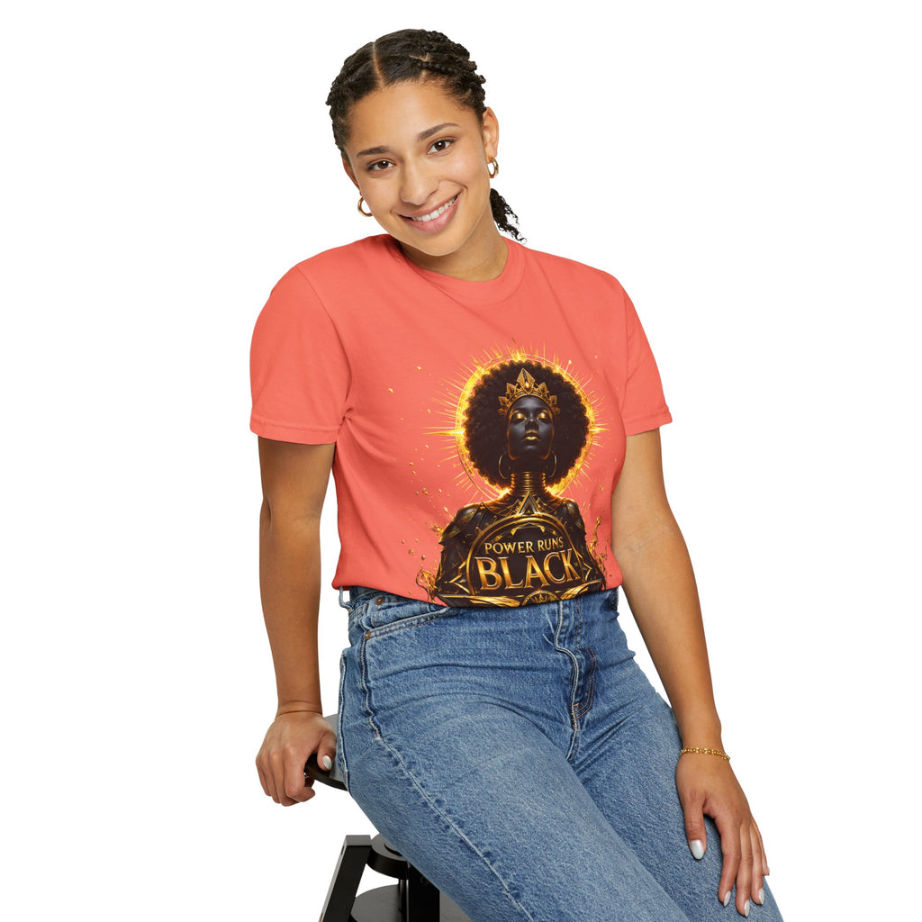 Power Runs Black goddess illustration T-Shirt | Afrocentric black pride design by Power Runs Black