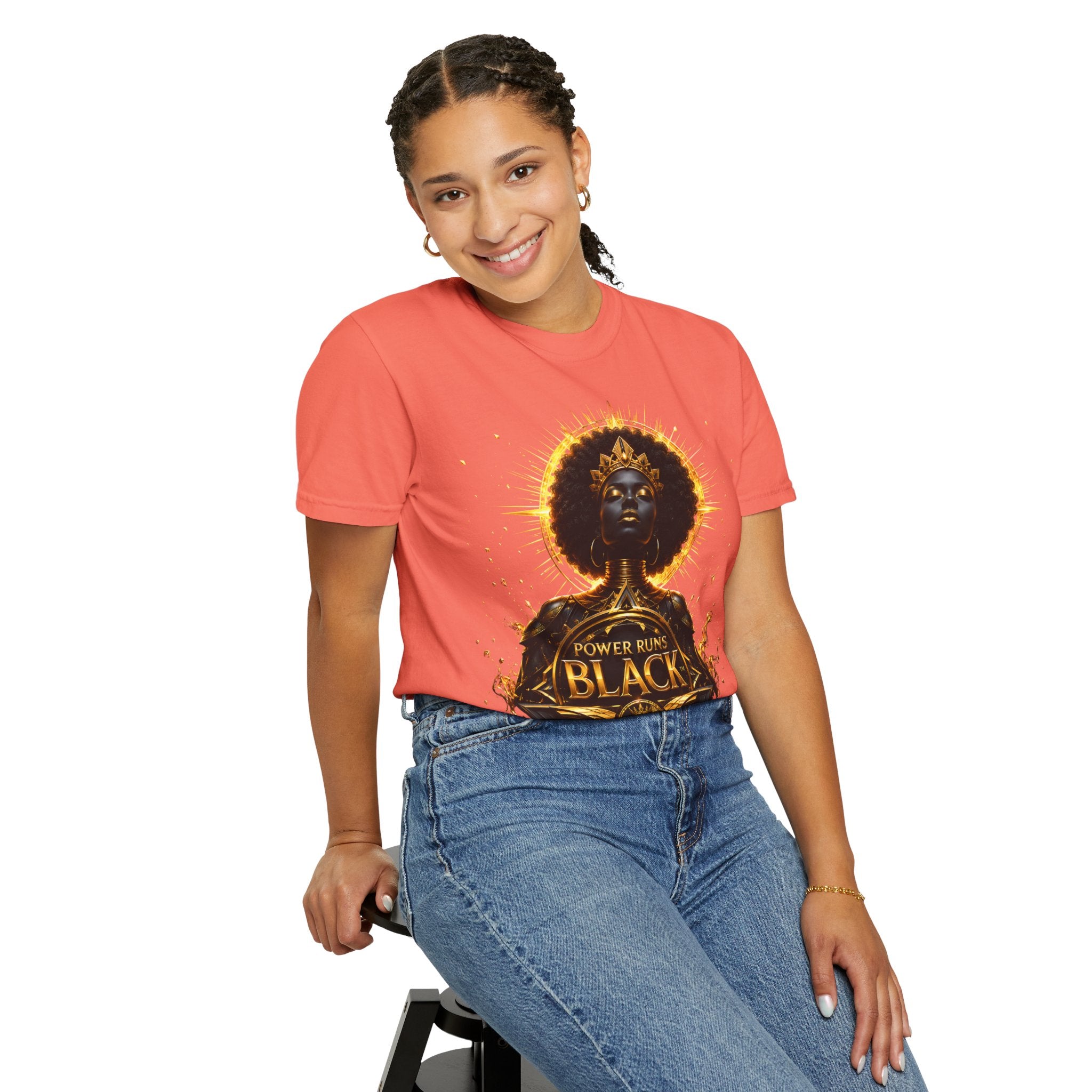 Power Runs Black goddess illustration T-Shirt | Afrocentric black pride design by Power Runs Black