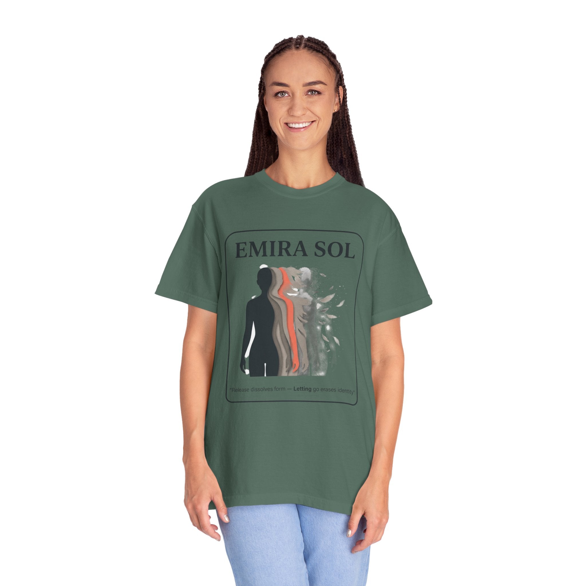 Power Runs Black PRB Emira Sol Graphic T-Shirt — Silhouette Art "Release Shadows" Tee by Printify