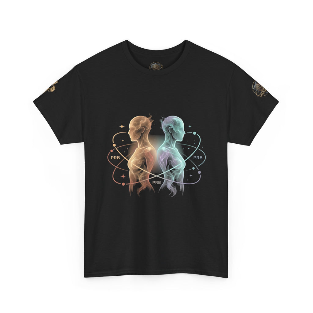 Power Runs Black Gemini Spirit Tee — Twin Sun & Moon Celestial Graphic T-Shirt by Printify