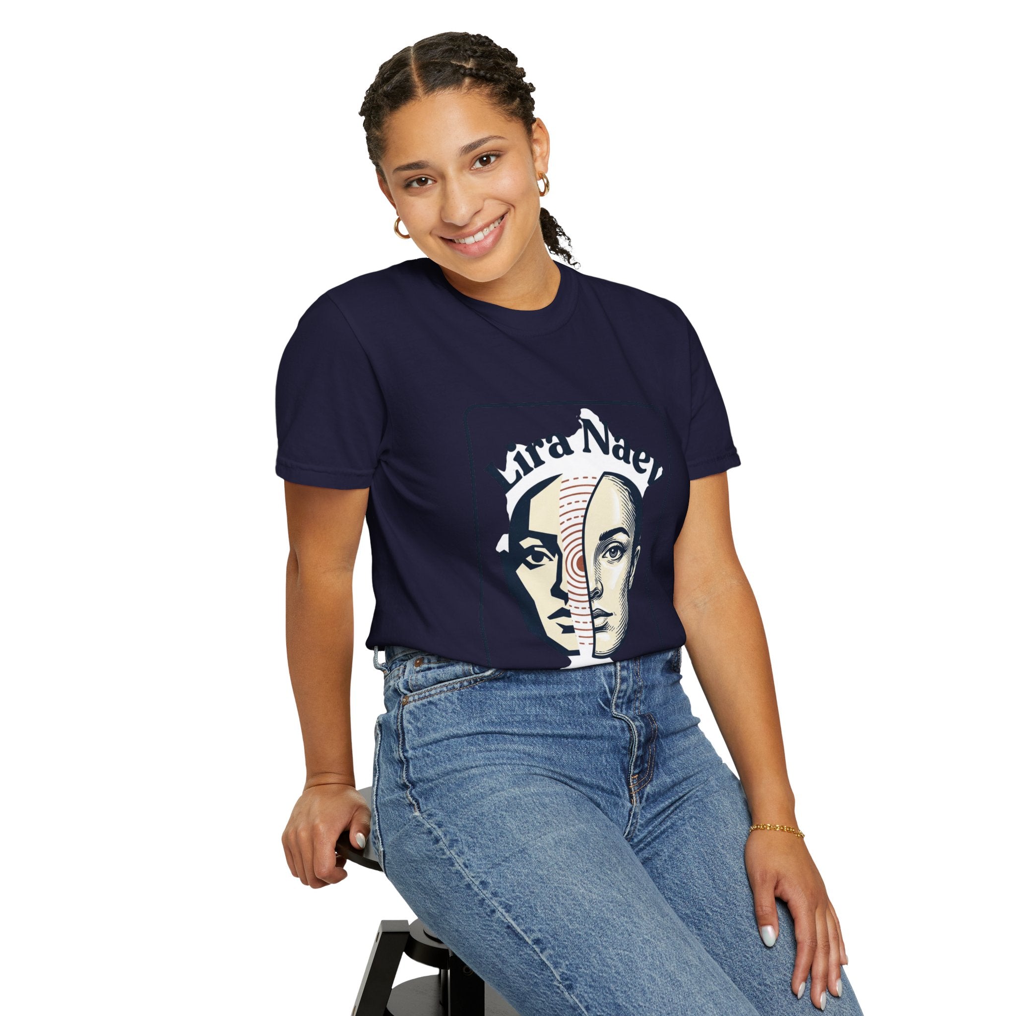Power Runs Black PRB Lira Naev Split-Face Graphic T-Shirt — “Perception shifts the center” Statement Tee by Printify