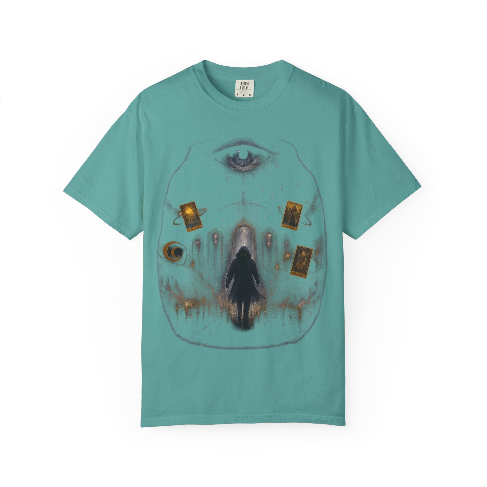 PRB Occult Tarot Skull T-Shirt — Mystic Eye & Shadow Figure Graphic by Power Runs Black
