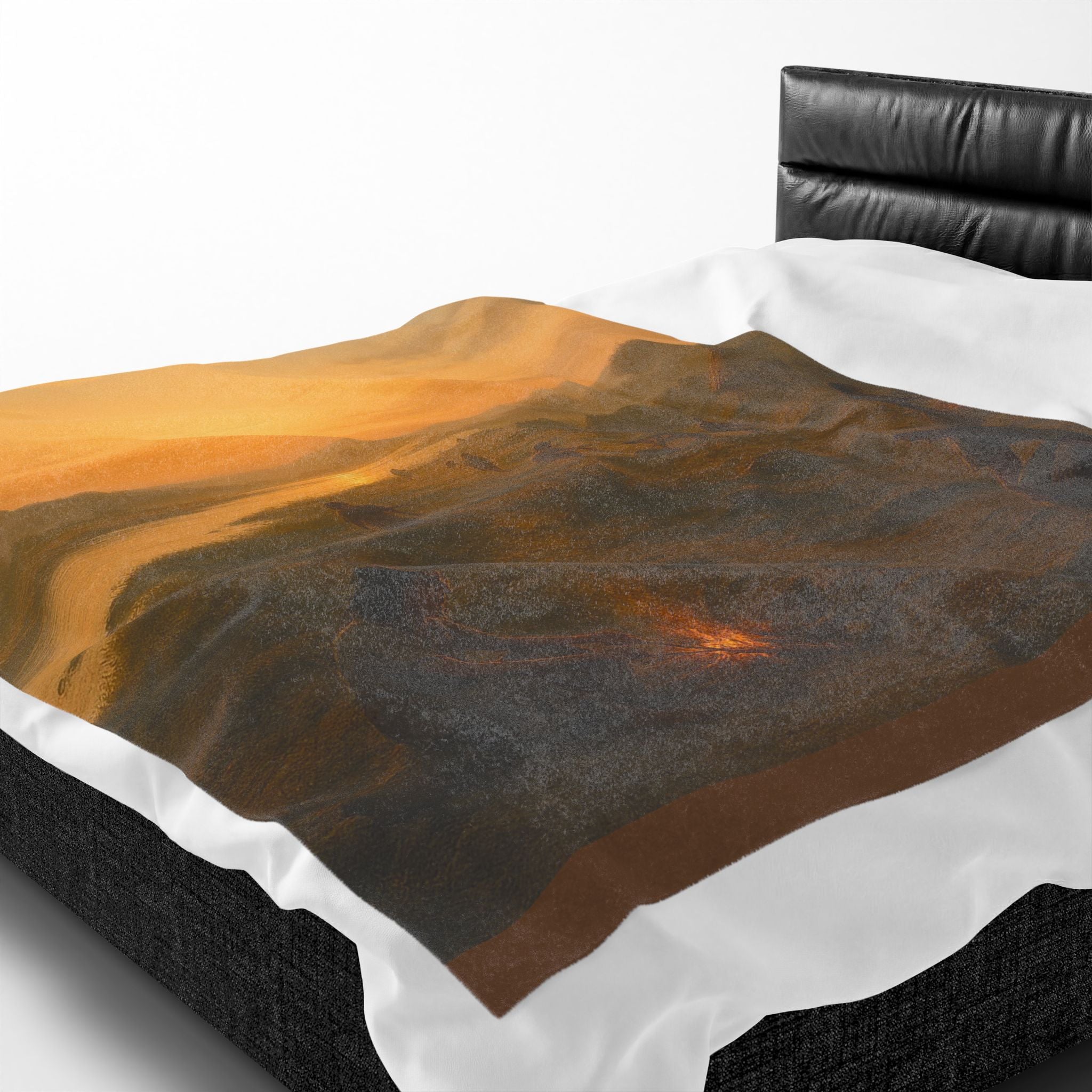 PRB Sunset Campfire Scene Velveteen Plush Blanket | Native Village Landscape by Power Runs Black