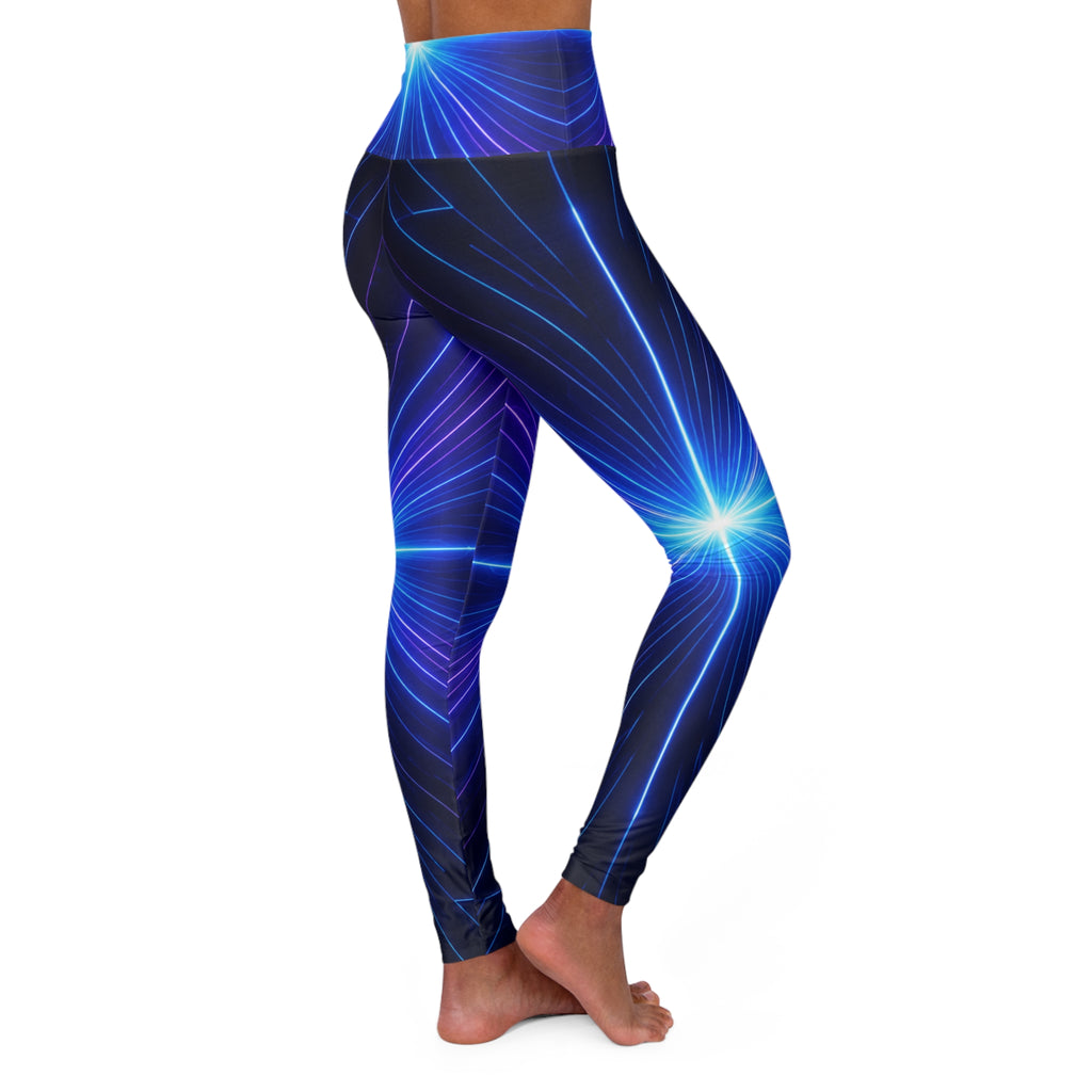 PRB Blue Neon Wave Leggings high waisted yoga leggings | galaxy light pattern by Power Runs Black