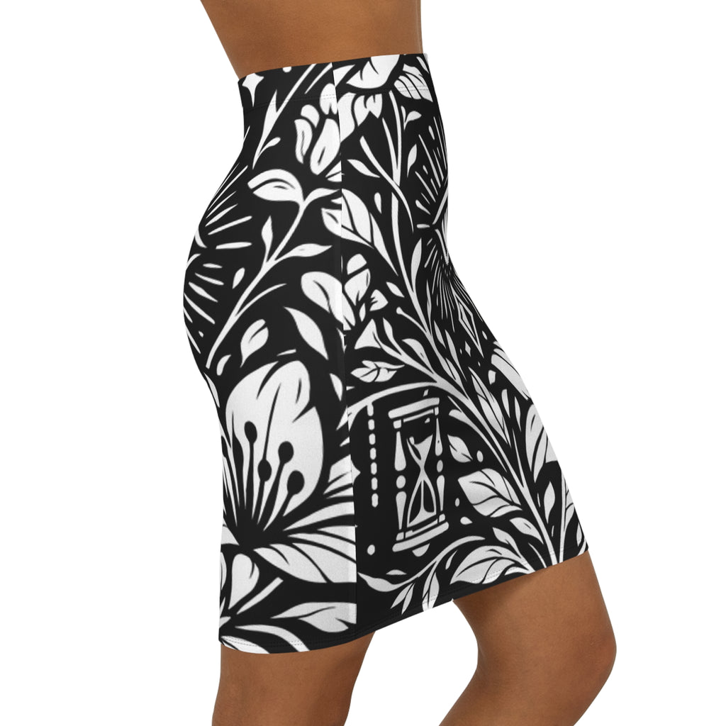 PRB All-Seeing Eye Floral Pencil Skirt — Gothic Boho Midi by Power Runs Black