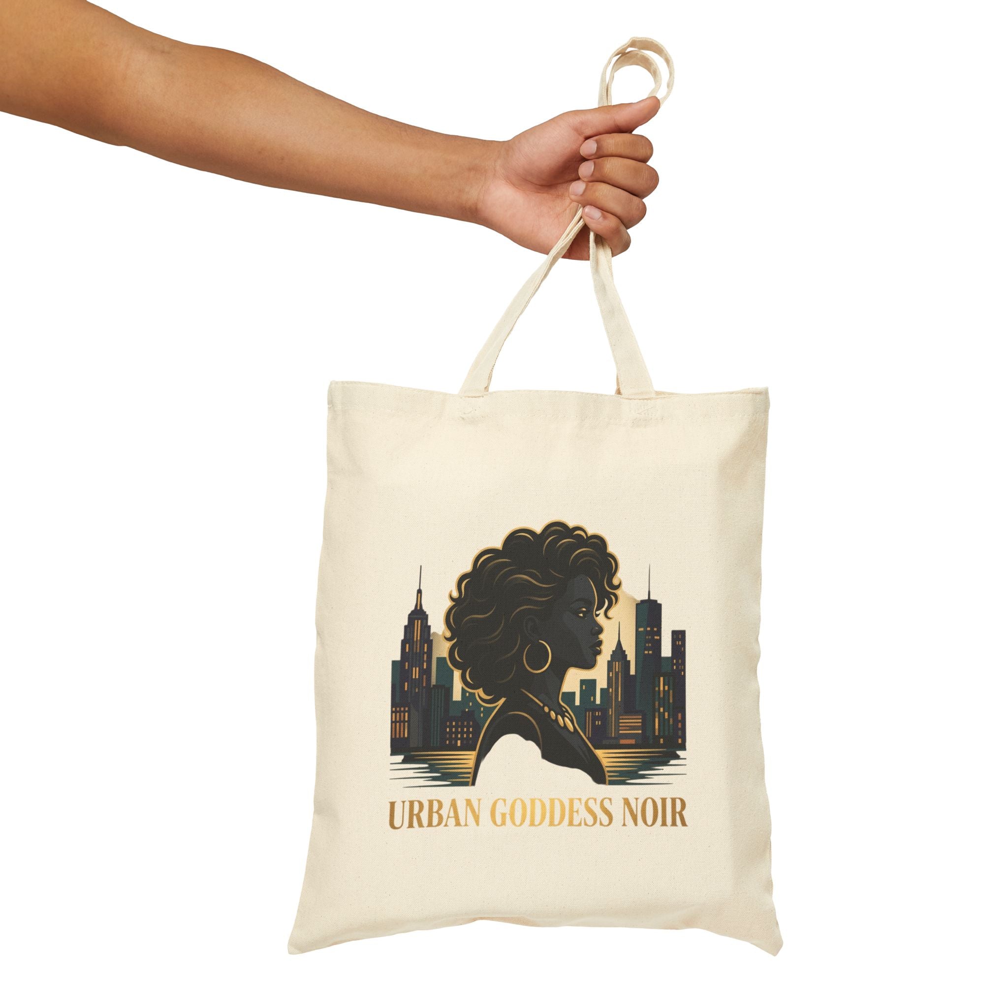 Power Runs Black PRB Urban Goddess Noir Cotton Tote Bag – City Skyline Afrocentric Eco Shopper by Power Runs Black