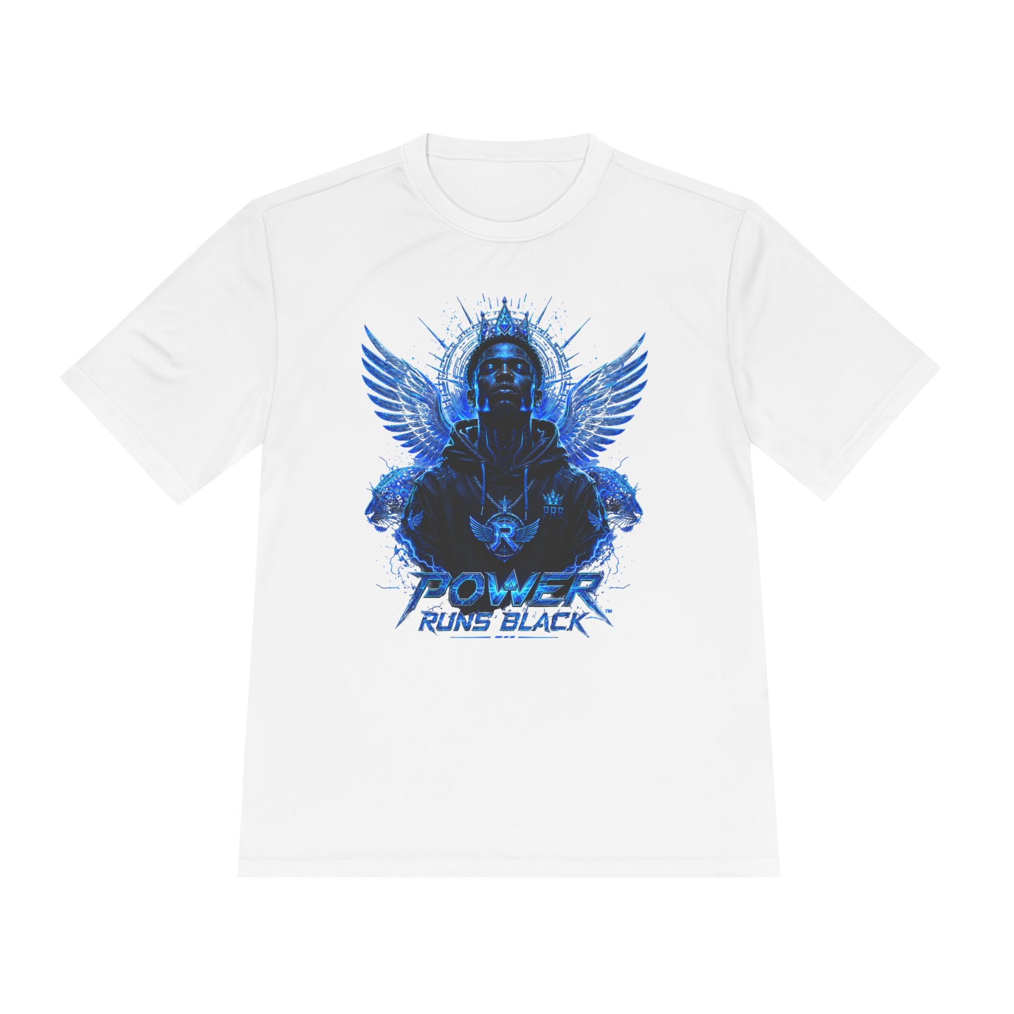 Power Runs Black graphic Tee | Blue angel wings, armored figure, bold script by Power Runs Black