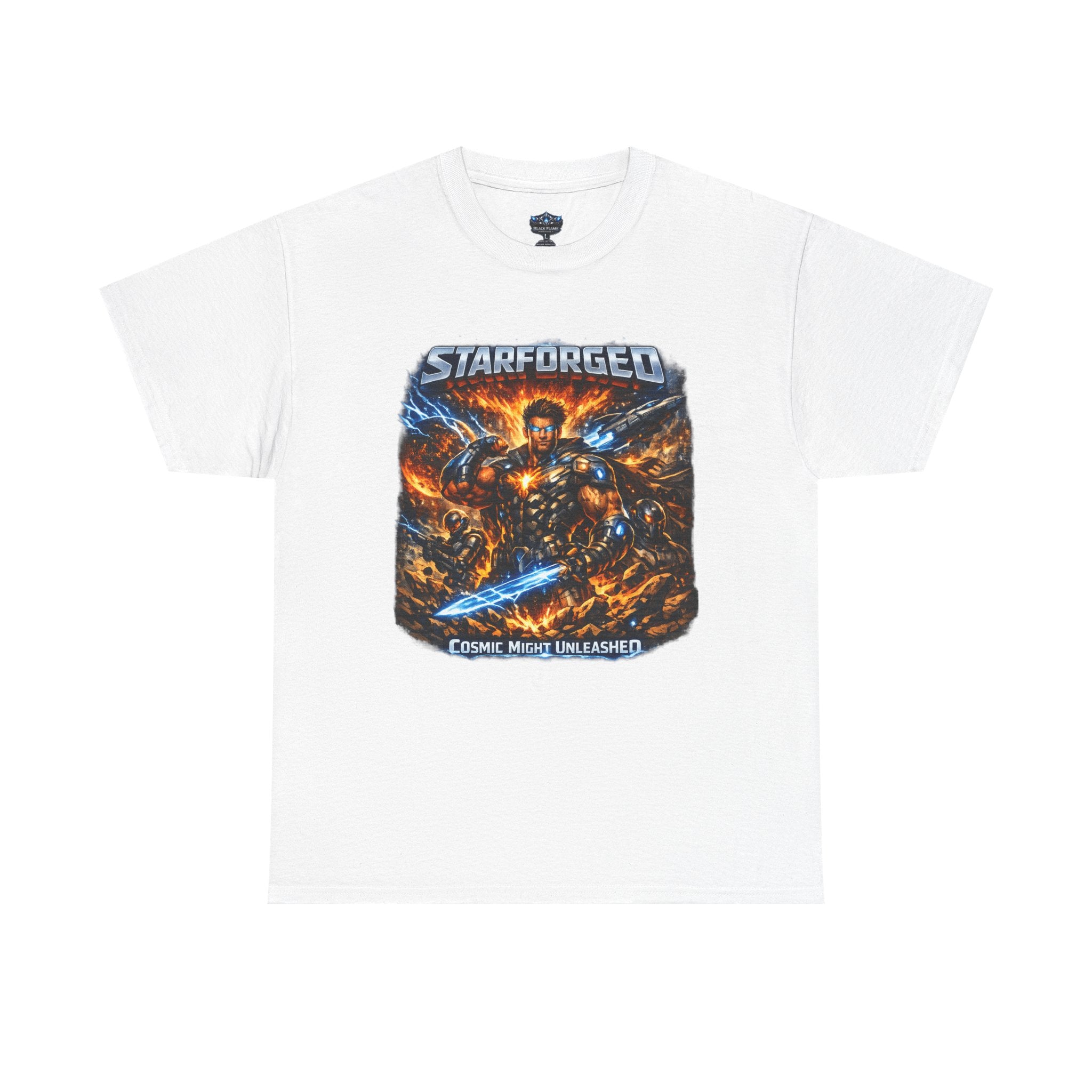 Starforged Flex : Cosmic Might Unleashed Illustration Graphic T by Power Runs Black