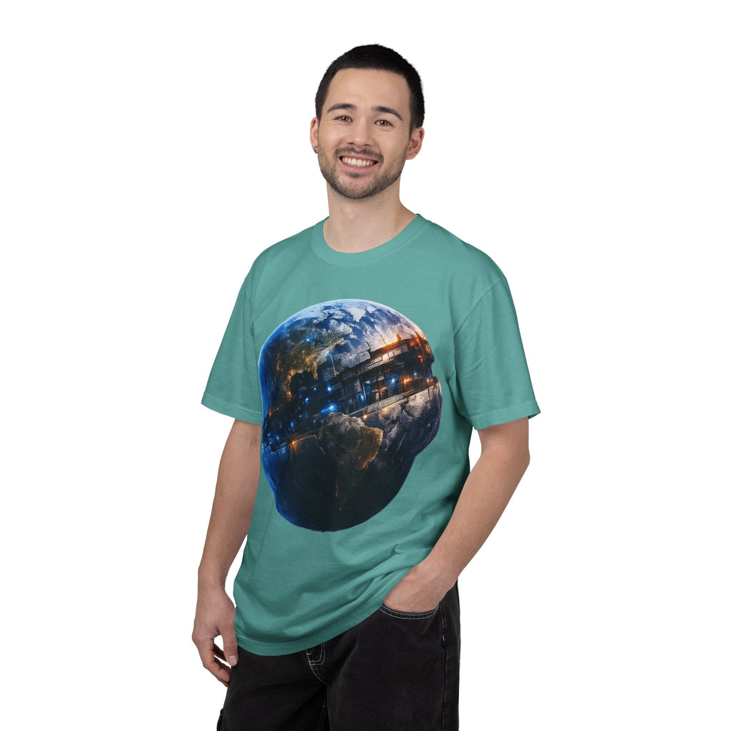 PRB Cityscape Globe T-shirt | Nighttime Earth Illustration, Urban Lights by Power Runs Black