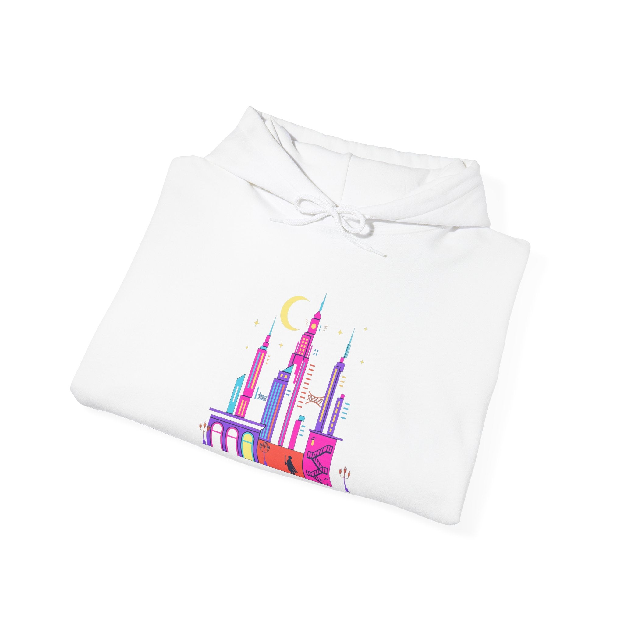 PRB Colorful City Skyline Hoodie – Vibrant Nighttime Urban Graphic by Printify