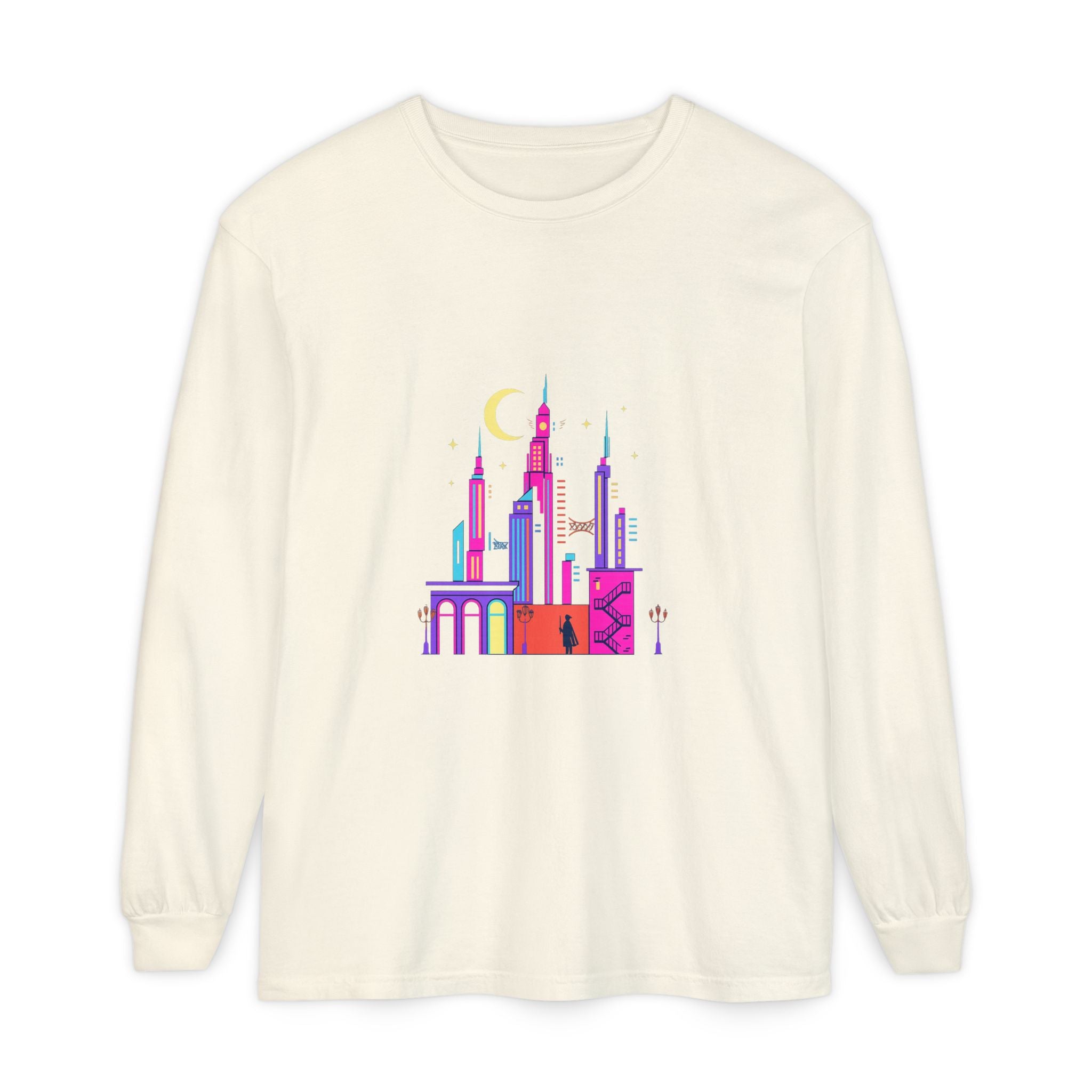 PRB Neon City Skyline Long Sleeve Shirt | Urban Nightscape Illustration by Power Runs Black