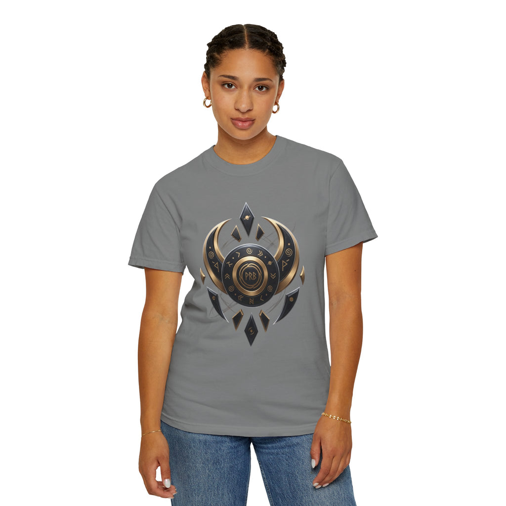 Power Runs Black Mystic Compass Disc T-Shirt — Geometric Gold & Black Emblem Tee by Printify