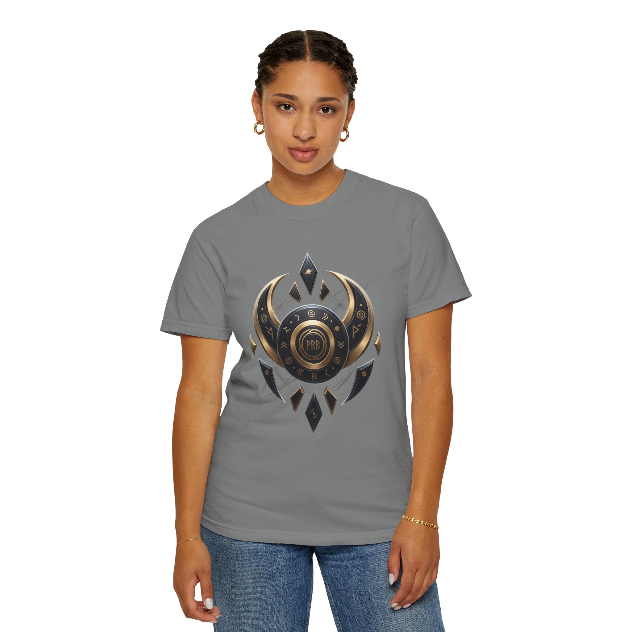 Power Runs Black Mystic Compass Disc T-Shirt — Geometric Gold & Black Emblem Tee by Printify