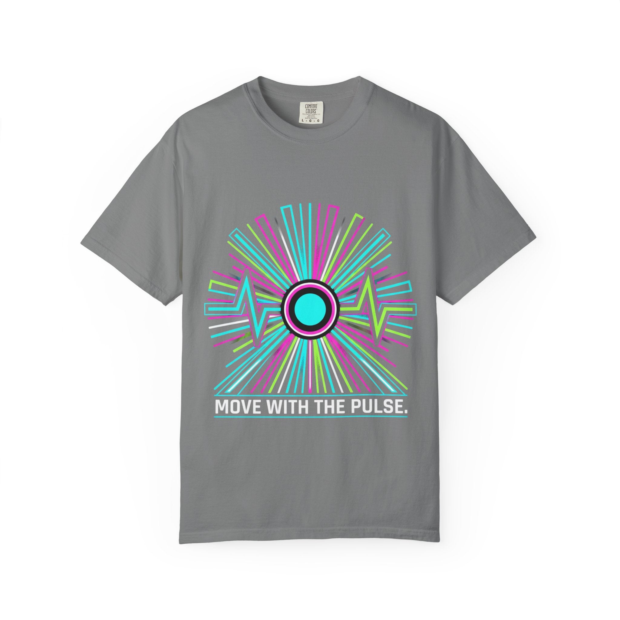 Power Runs Black PRB Electric "Move With Pulse" Graphic T-Shirt — Neon Sunburst Design by Power Runs Black