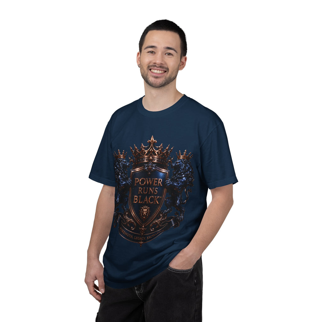 Power Runs Black Crest T-shirt | Heraldic Lion Shield Tee by Power Runs Black