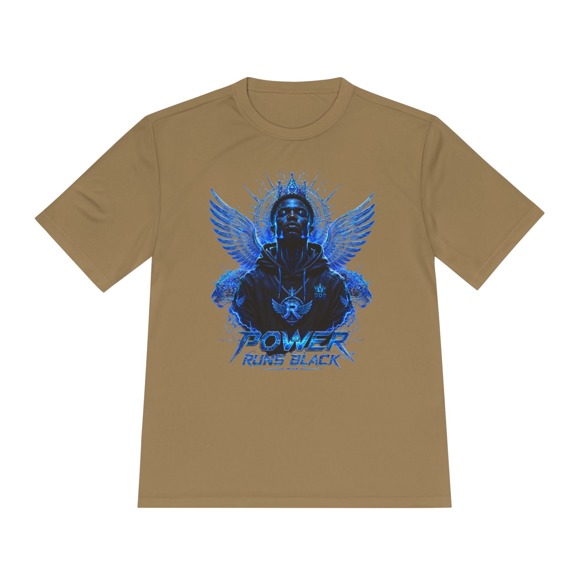 Power Runs Black graphic Tee | Blue angel wings, armored figure, bold script by Power Runs Black