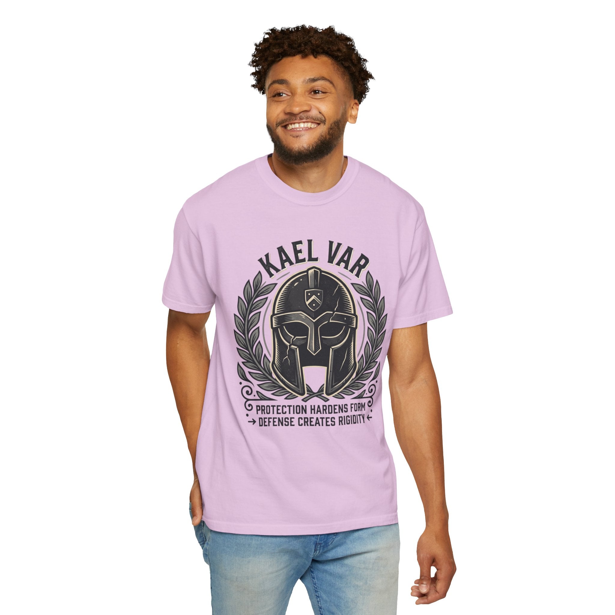 Power Runs Black PRB Kael Var Helmet Graphic T-Shirt — "Protection Hardens Form" Warrior Tee by Printify
