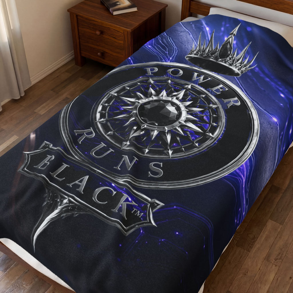 Power Runs Black Velveteen Plush Blanket – Galactic Crown Emblem by Power Runs Black