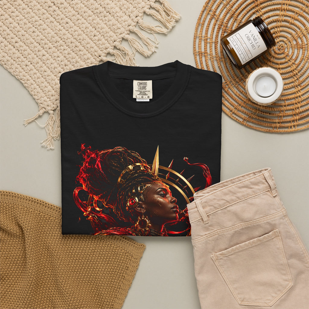 Power Runs Black T-Shirt — Afrocentric Crowned Goddess Graphic Tee by Printify