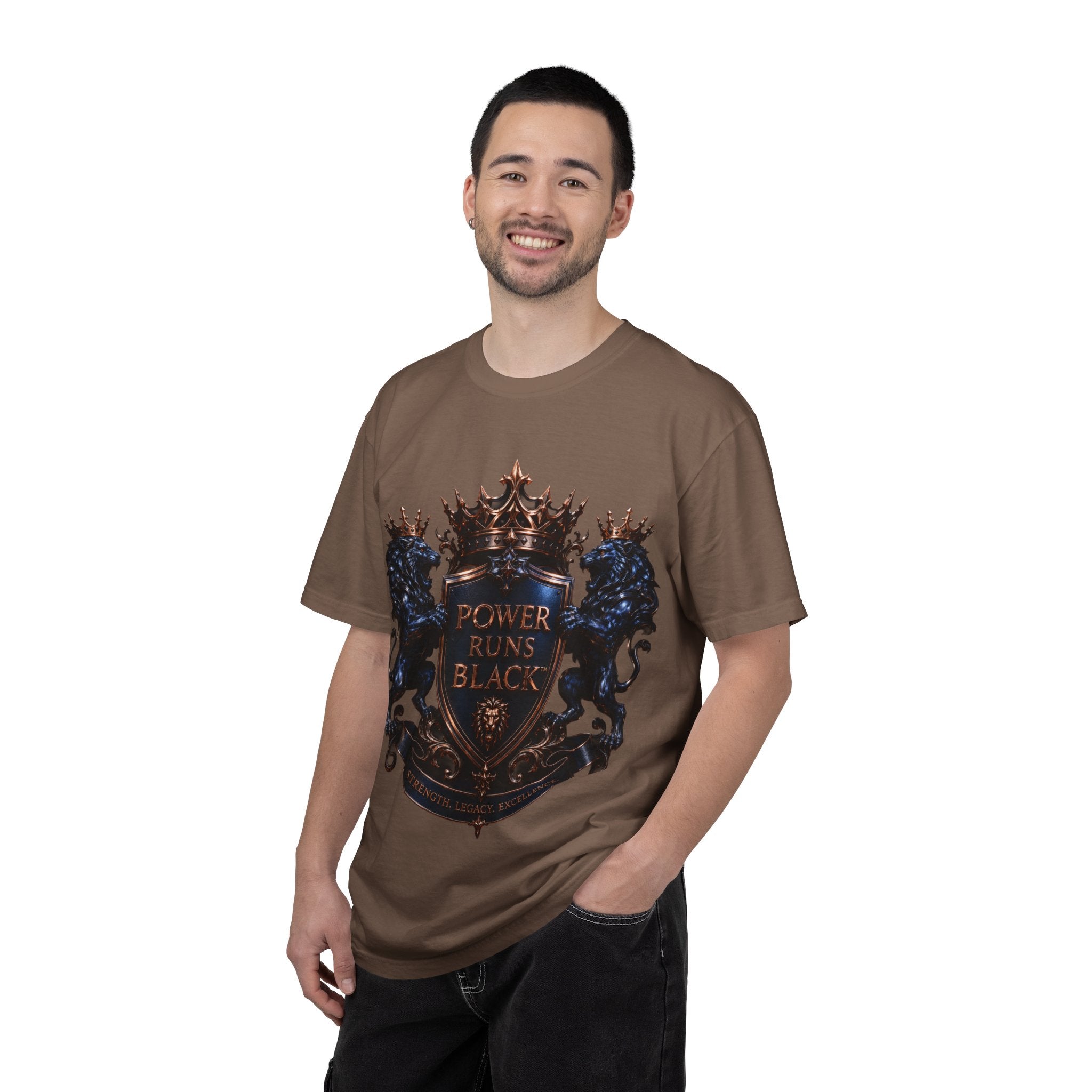 Power Runs Black Crest T-shirt | Heraldic Lion Shield Tee by Power Runs Black