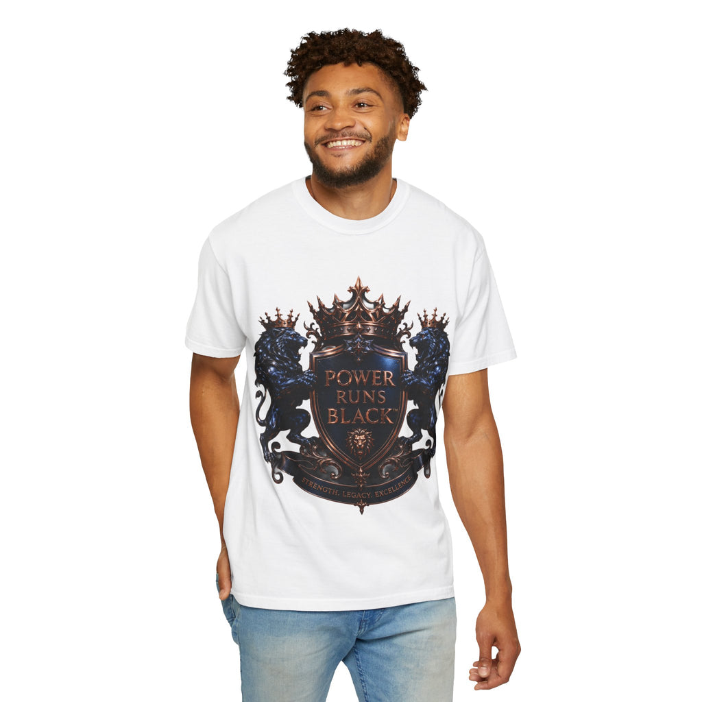 Power Runs Black Crest T-shirt | Heraldic Lion Shield Tee by Power Runs Black