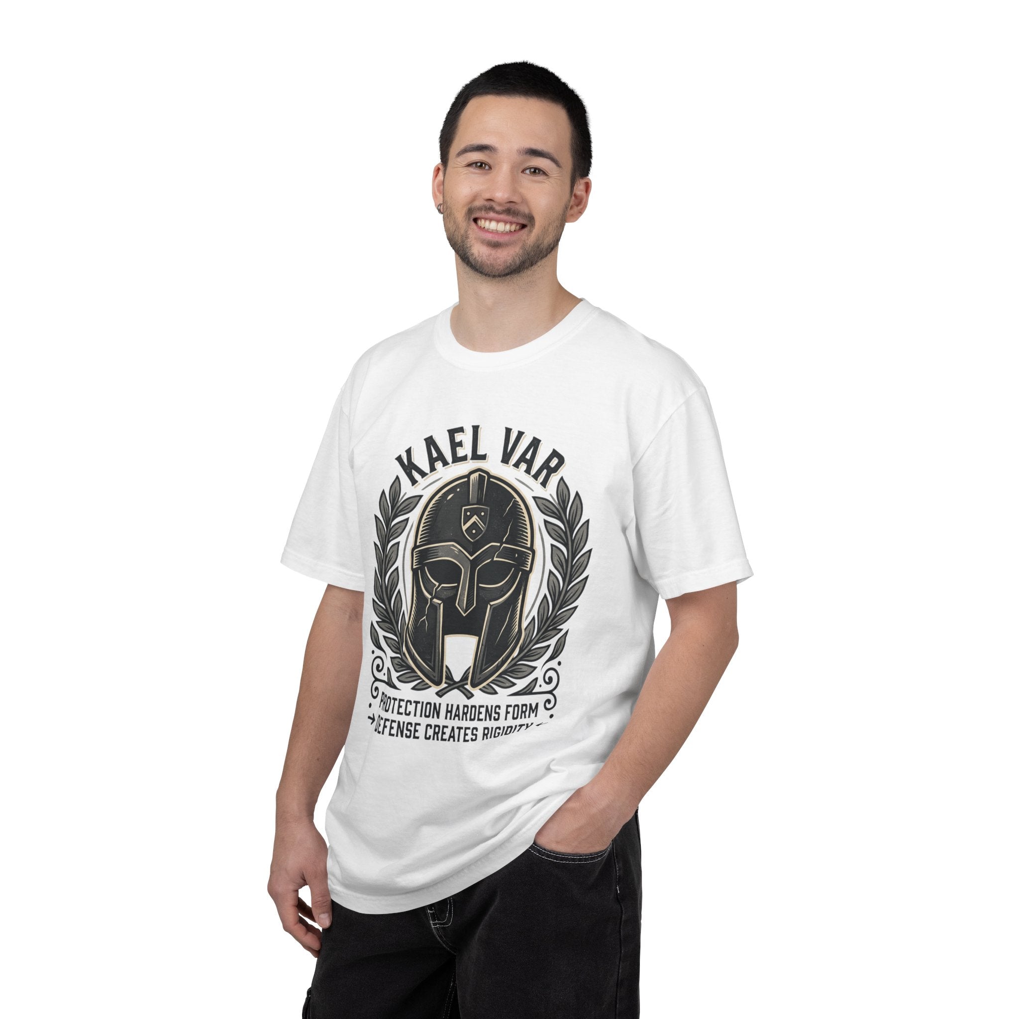 Power Runs Black PRB Kael Var Helmet Graphic T-Shirt — "Protection Hardens Form" Warrior Tee by Printify