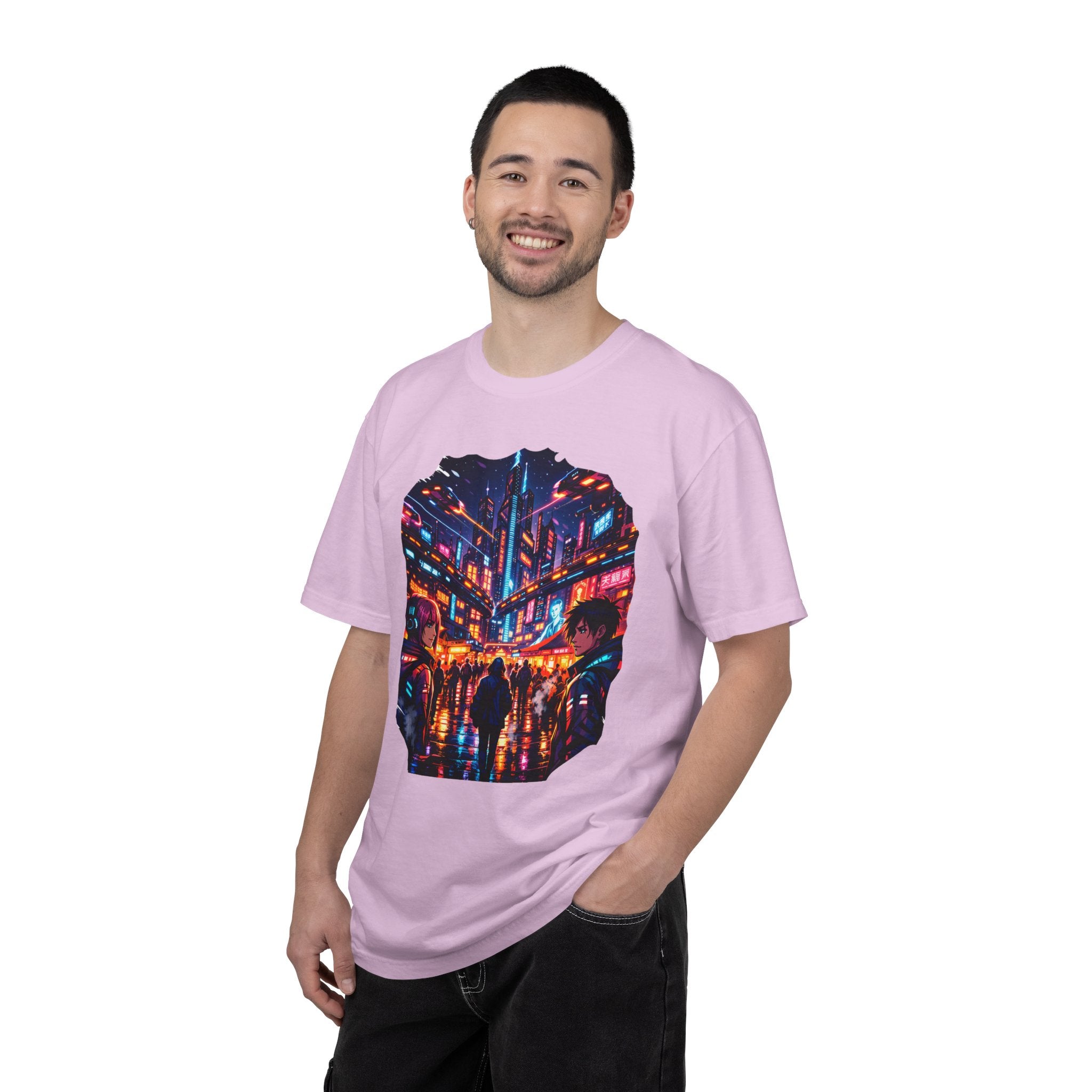 PRB Neon Cyberpunk Cityscape T-shirt | Anime Night Rain Streets by Power Runs Black