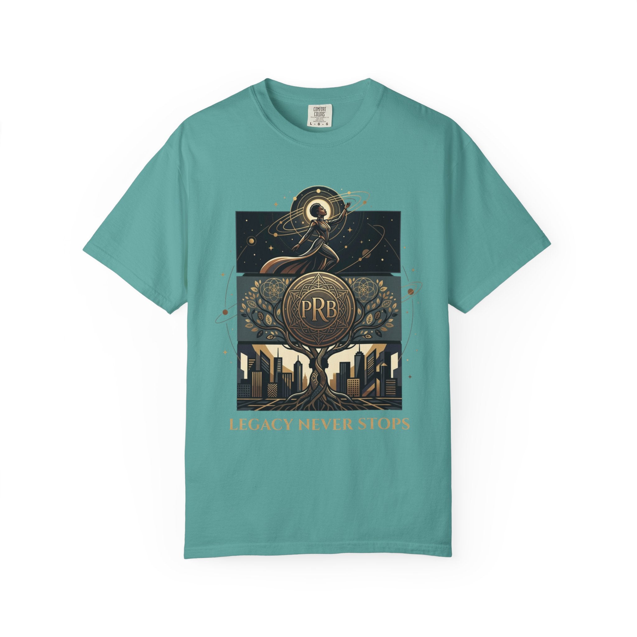 PRB Legacy Never Stops Graphic T-Shirt | Art Deco City Skyline Tee by Printify