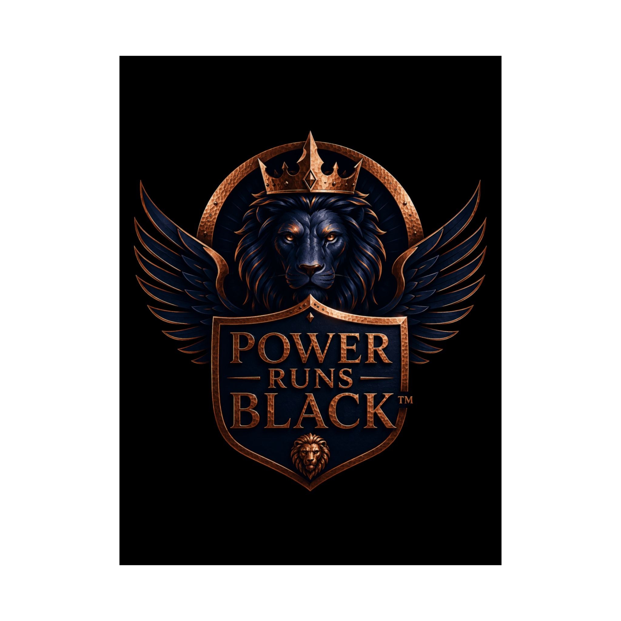 Power Runs Black Matte Poster — Regal Lion Crest Wall Art by Power Runs Black