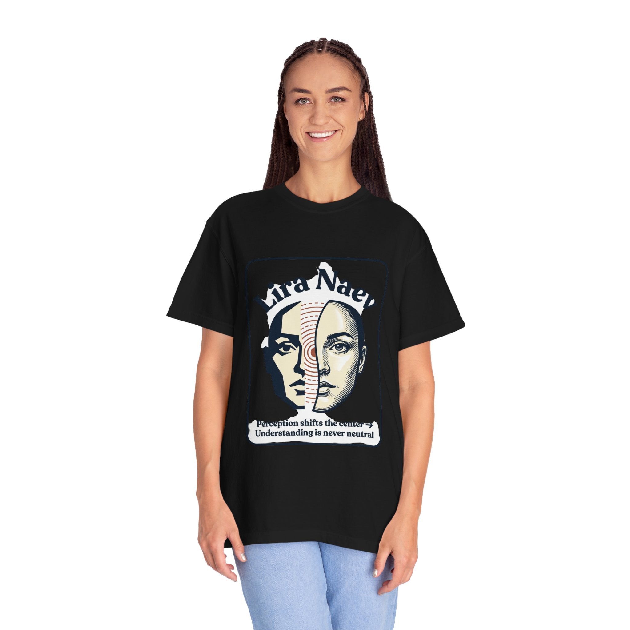 Power Runs Black PRB Lira Naev Split-Face Graphic T-Shirt — “Perception shifts the center” Statement Tee by Power Runs Black