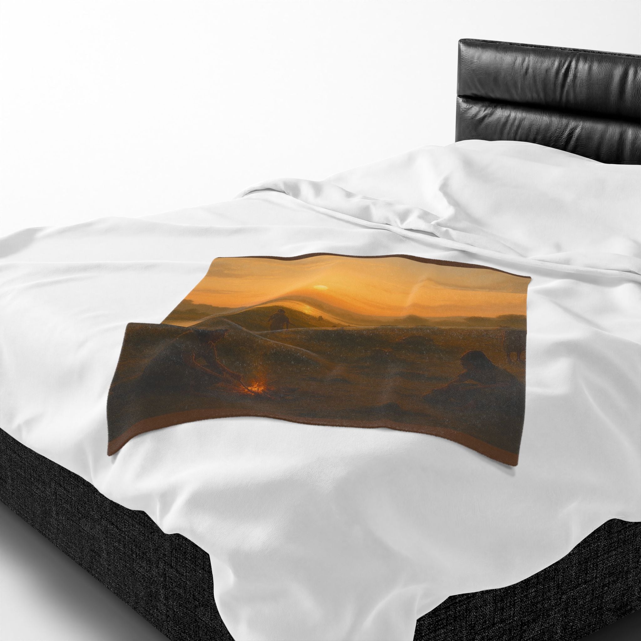 PRB Sunset Campfire Scene Velveteen Plush Blanket | Native Village Landscape by Power Runs Black