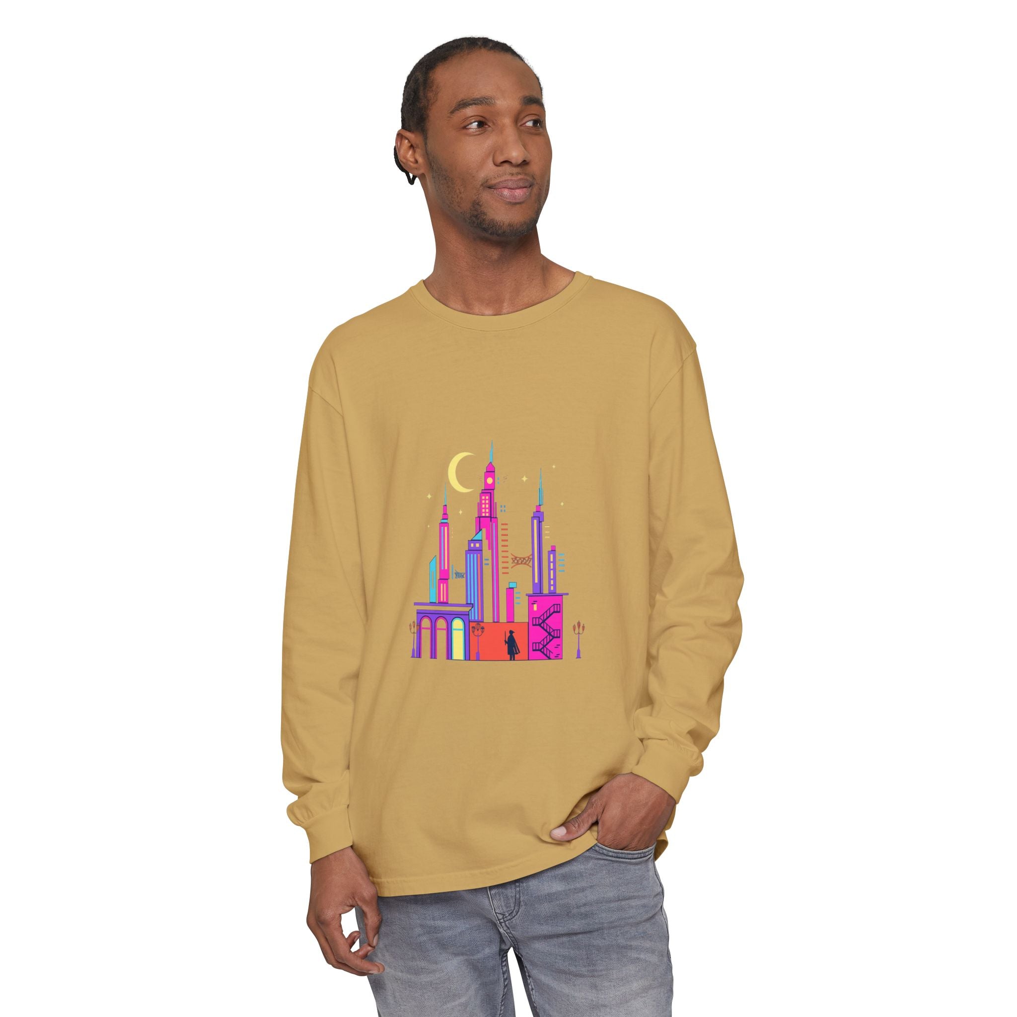 PRB Neon City Skyline Long Sleeve Shirt | Urban Nightscape Illustration by Power Runs Black