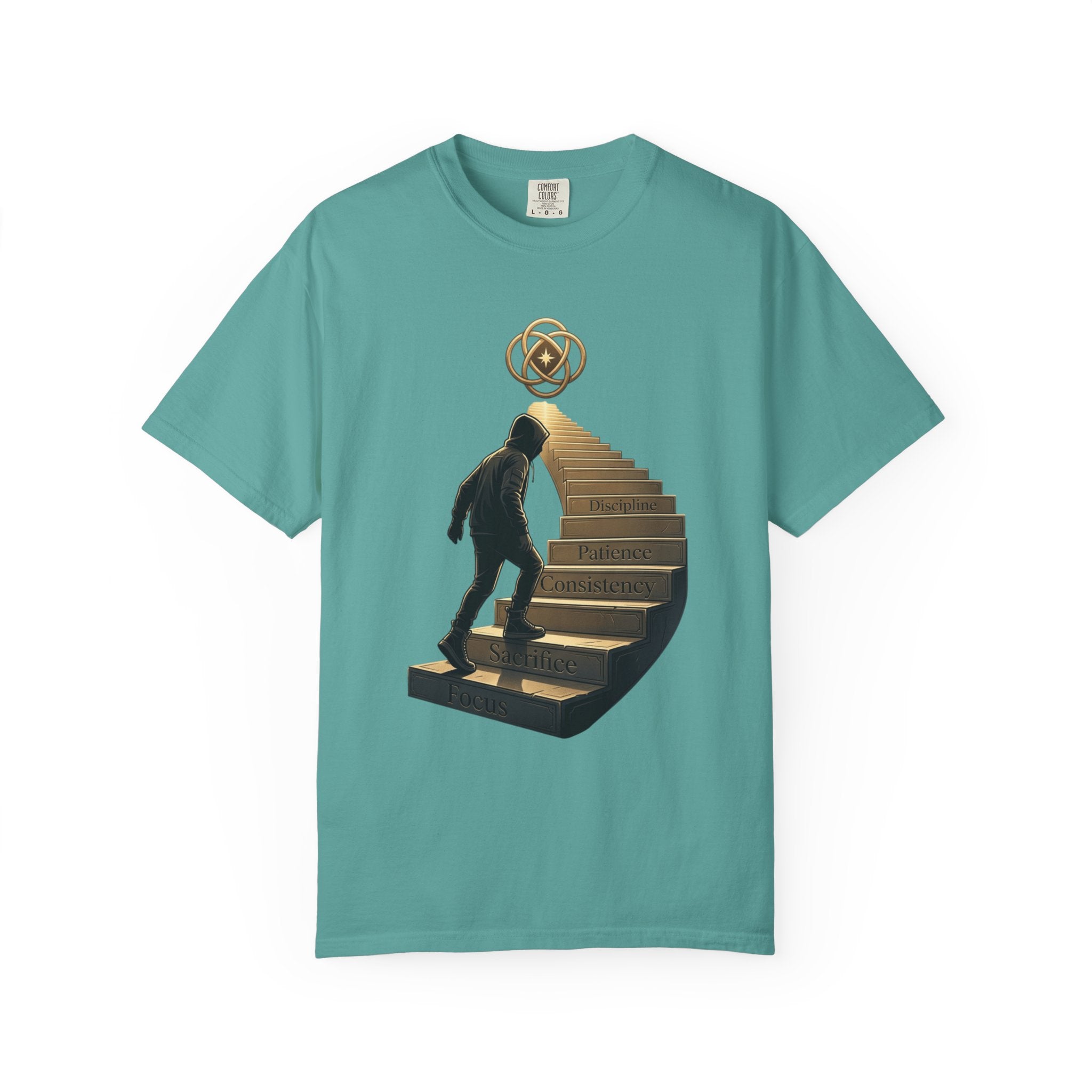 Printify PRB Stairway of Growth T-Shirt | Person Ascending Steps with Symbols - T-Shirt