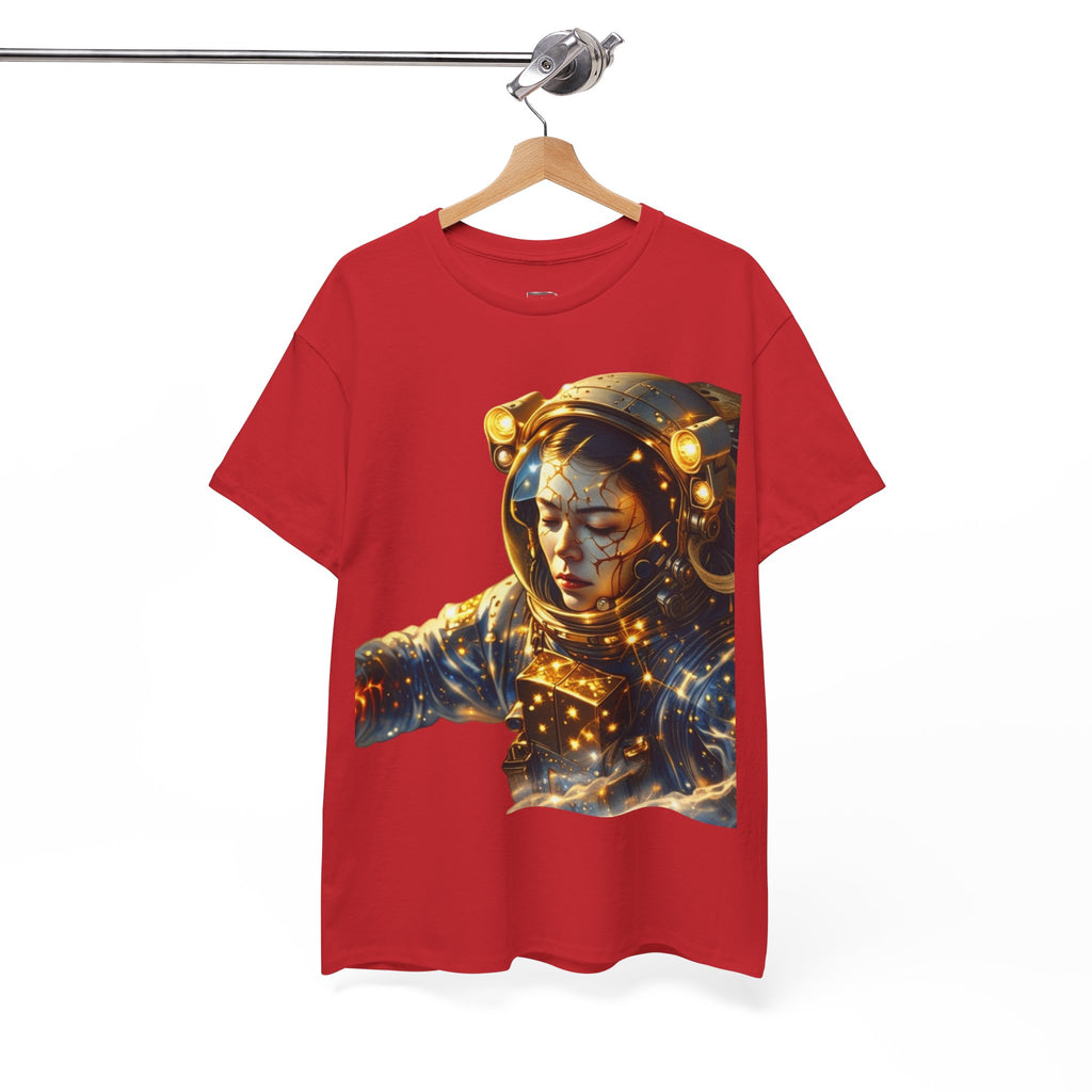 Power Runs Black PRB Golden Astronaut Portrait T-Shirt | Space Helmet Art, Cosmic Lights by Printify