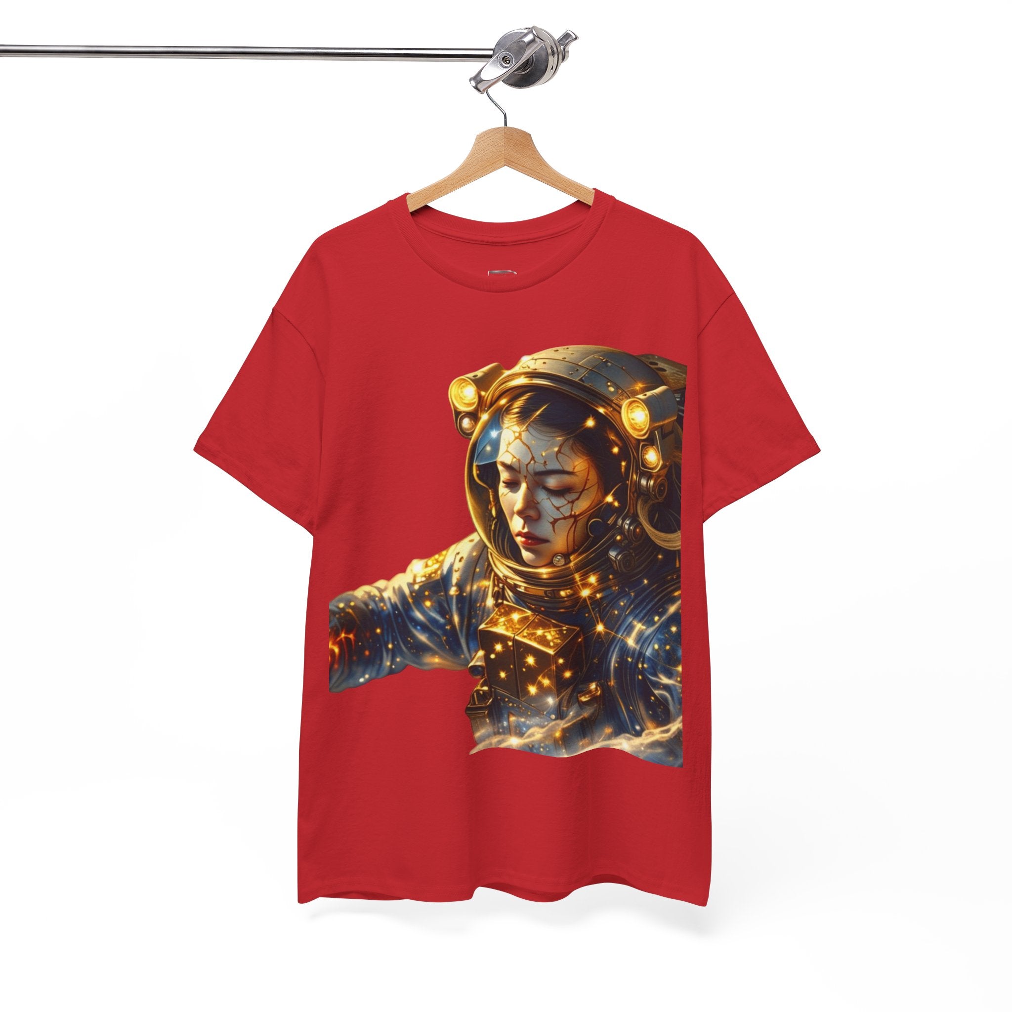 Power Runs Black PRB Golden Astronaut Portrait T-Shirt | Space Helmet Art, Cosmic Lights by Printify