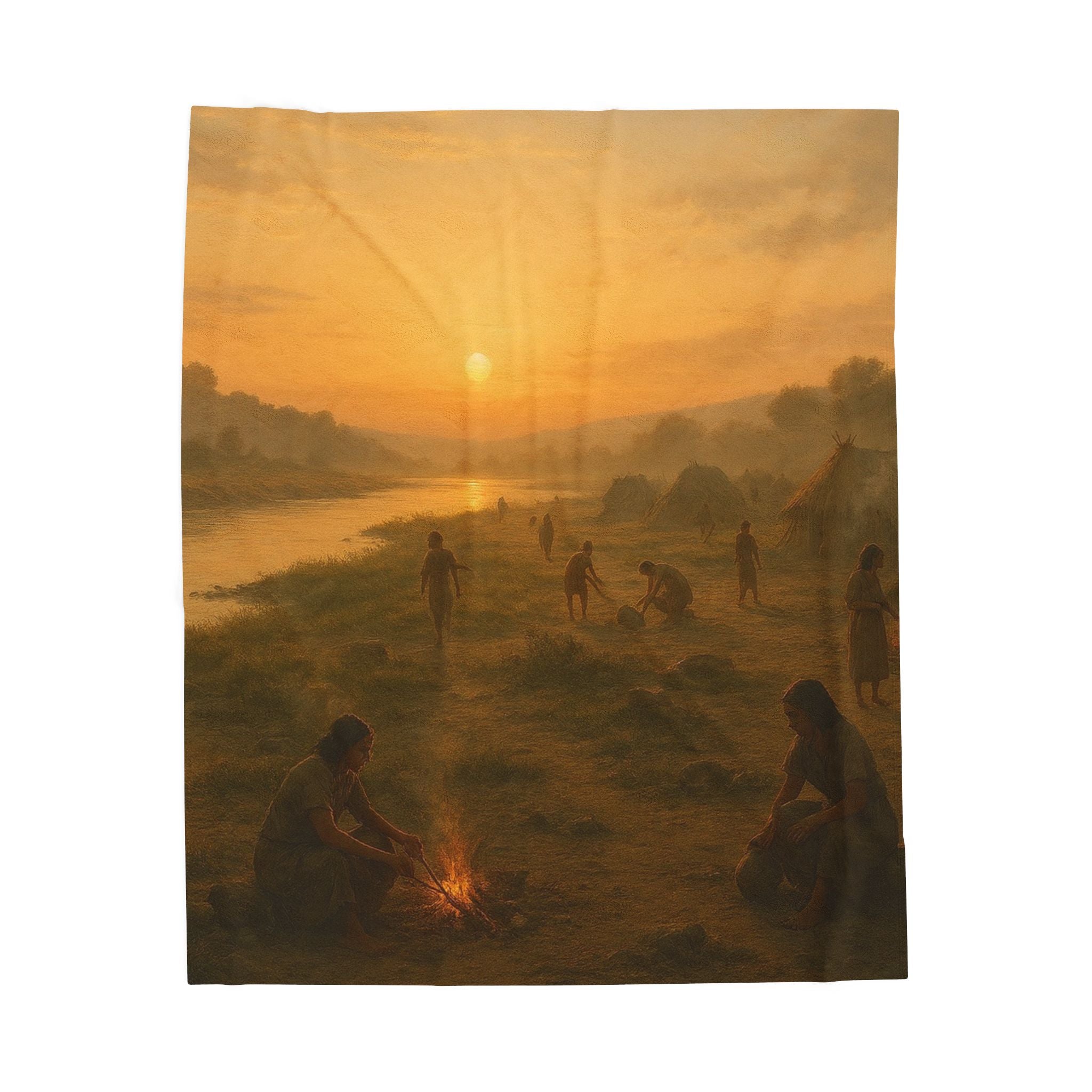 PRB Sunset Campfire Scene Velveteen Plush Blanket | Native Village Landscape by Power Runs Black