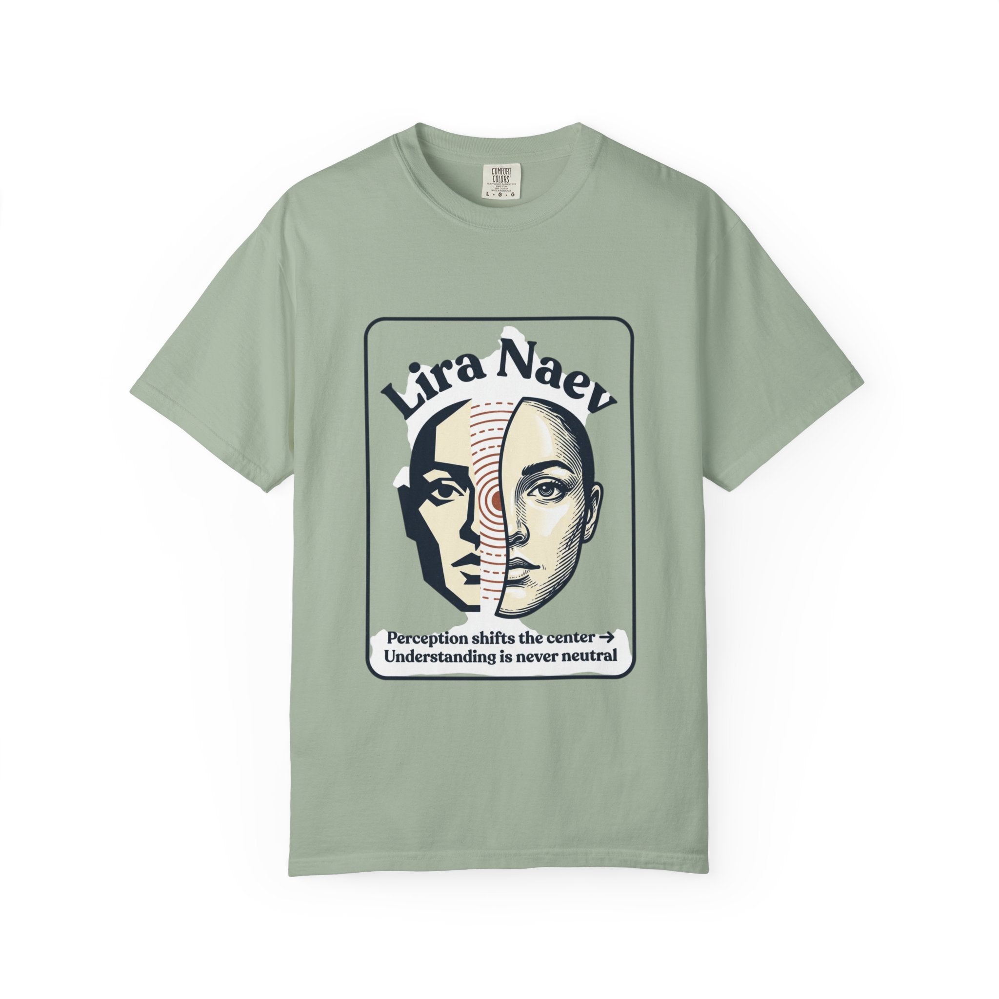 Power Runs Black PRB Lira Naev Split-Face Graphic T-Shirt — “Perception shifts the center” Statement Tee by Printify