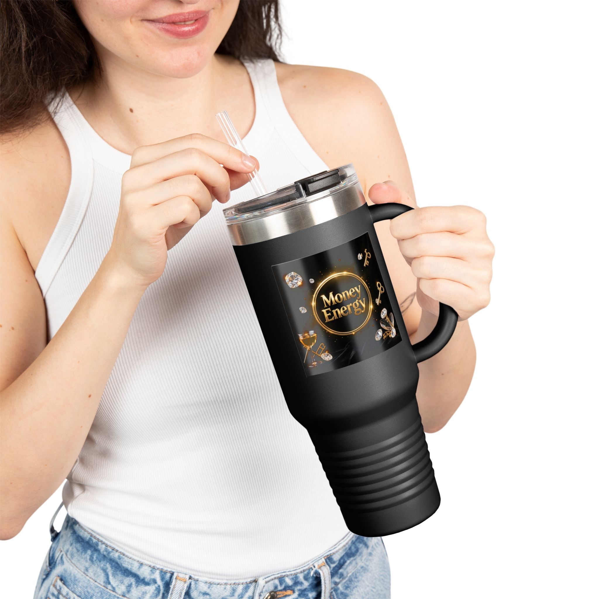 PRB 40oz Insulated Travel Mug — "Money Energy" Motivational Design by Printify