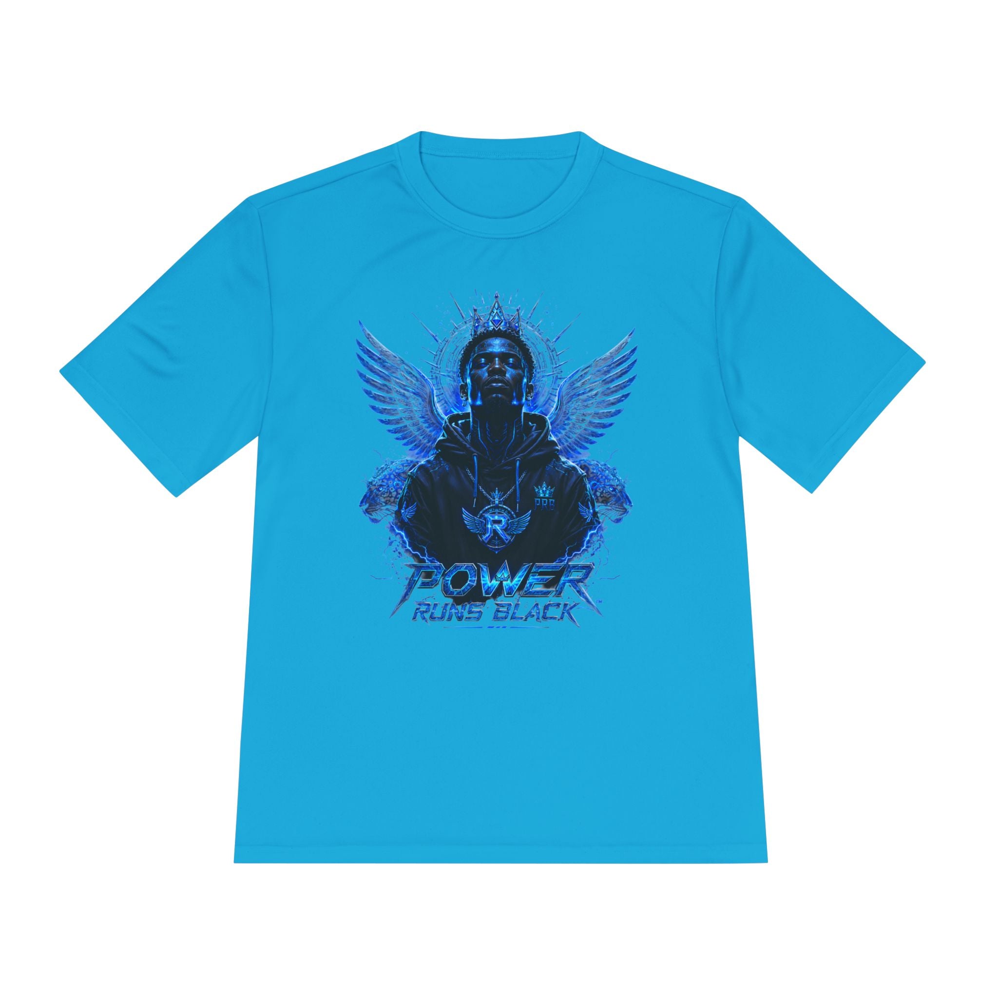 Power Runs Black graphic Tee | Blue angel wings, armored figure, bold script by Power Runs Black