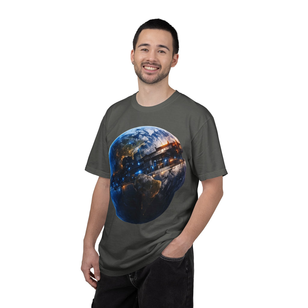 PRB Cityscape Globe T-shirt | Nighttime Earth Illustration, Urban Lights by Power Runs Black