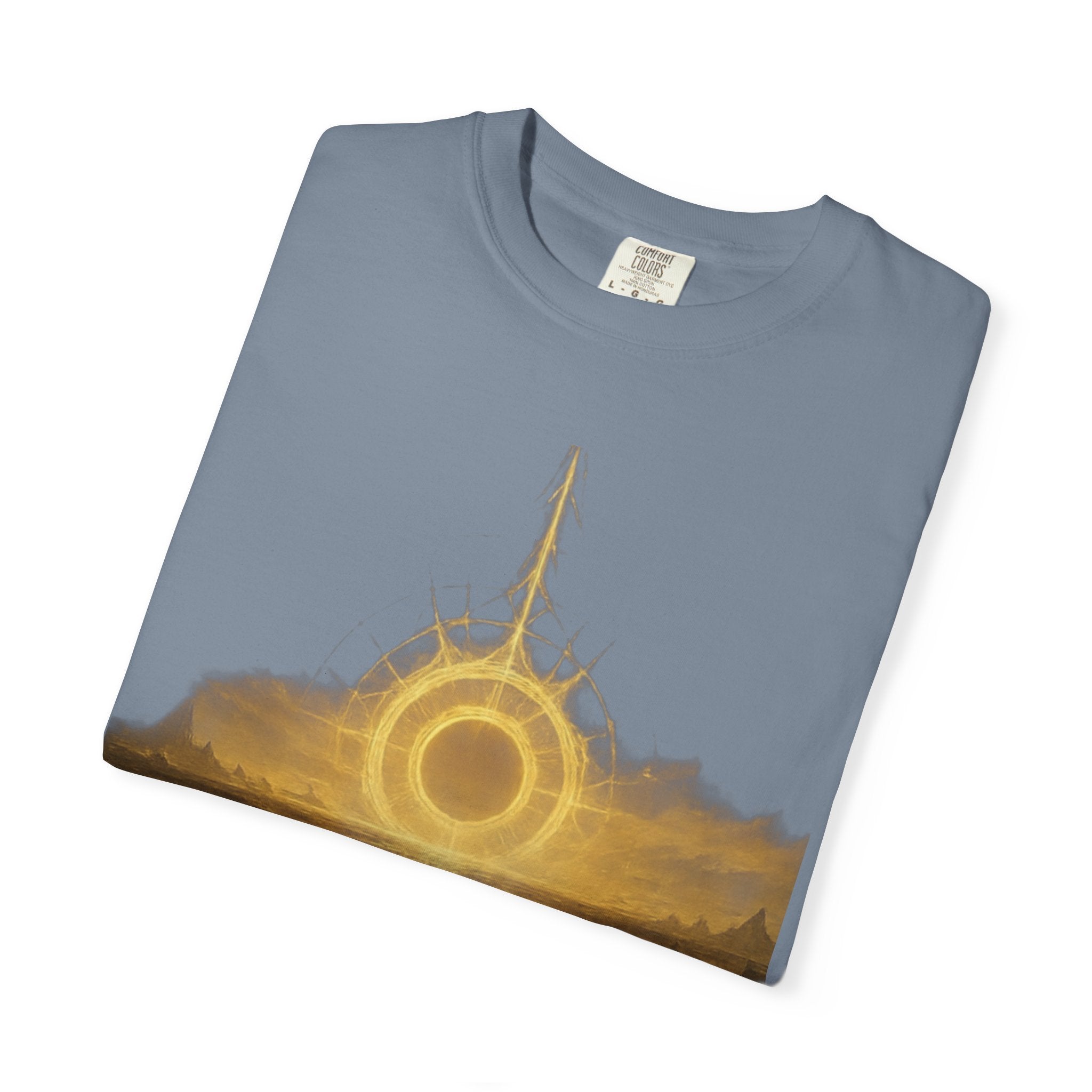 Power Runs Black PRB Golden Eclipse Portal T-shirt | Fantasy Landscape, Mystic Ring, Tower Art by Power Runs Black