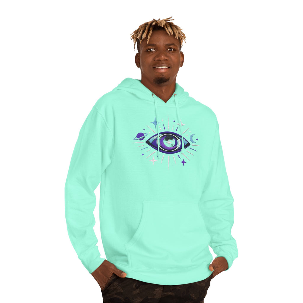 PRB Mystic Purple All-Seeing Eye Hoodie | Celestial Stars Moon by Power Runs Black