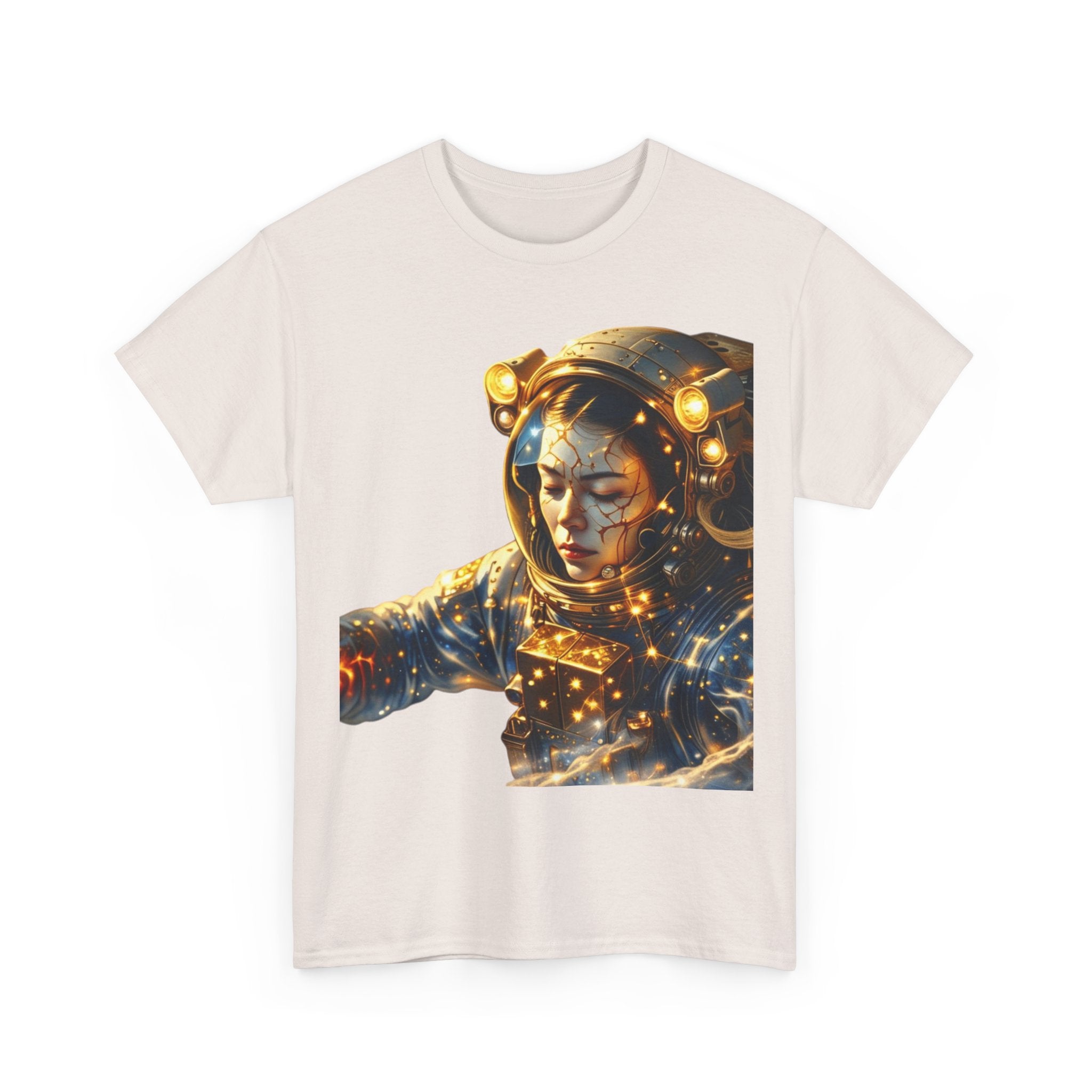 PRB Golden Astronaut Portrait T-Shirt | Space Helmet Art, Cosmic Lights by Power Runs Black